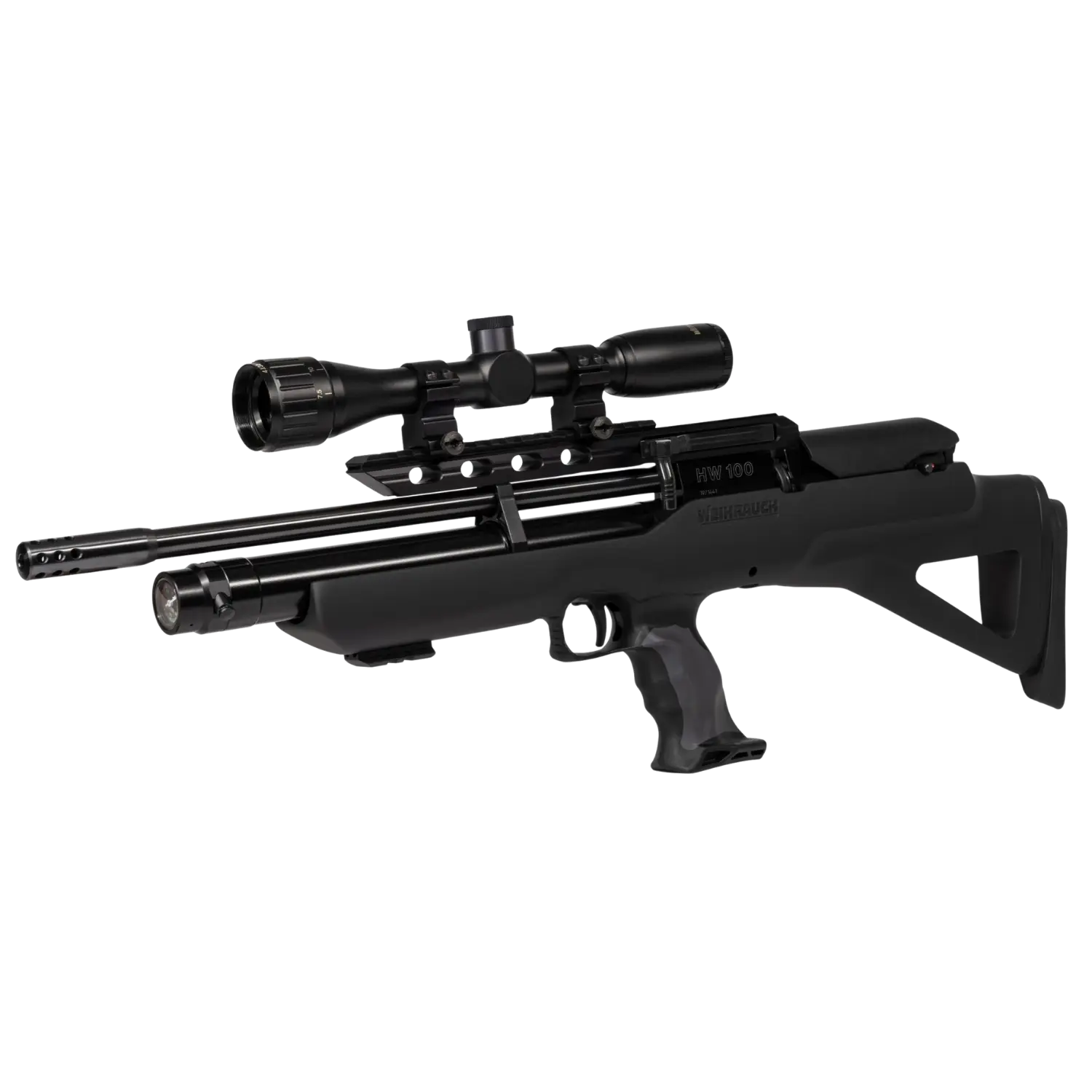 Luftgewehr Weihrauch HW 100 BP mit Lochschaft und Zielfernrohr in schwarzer Ausführung.