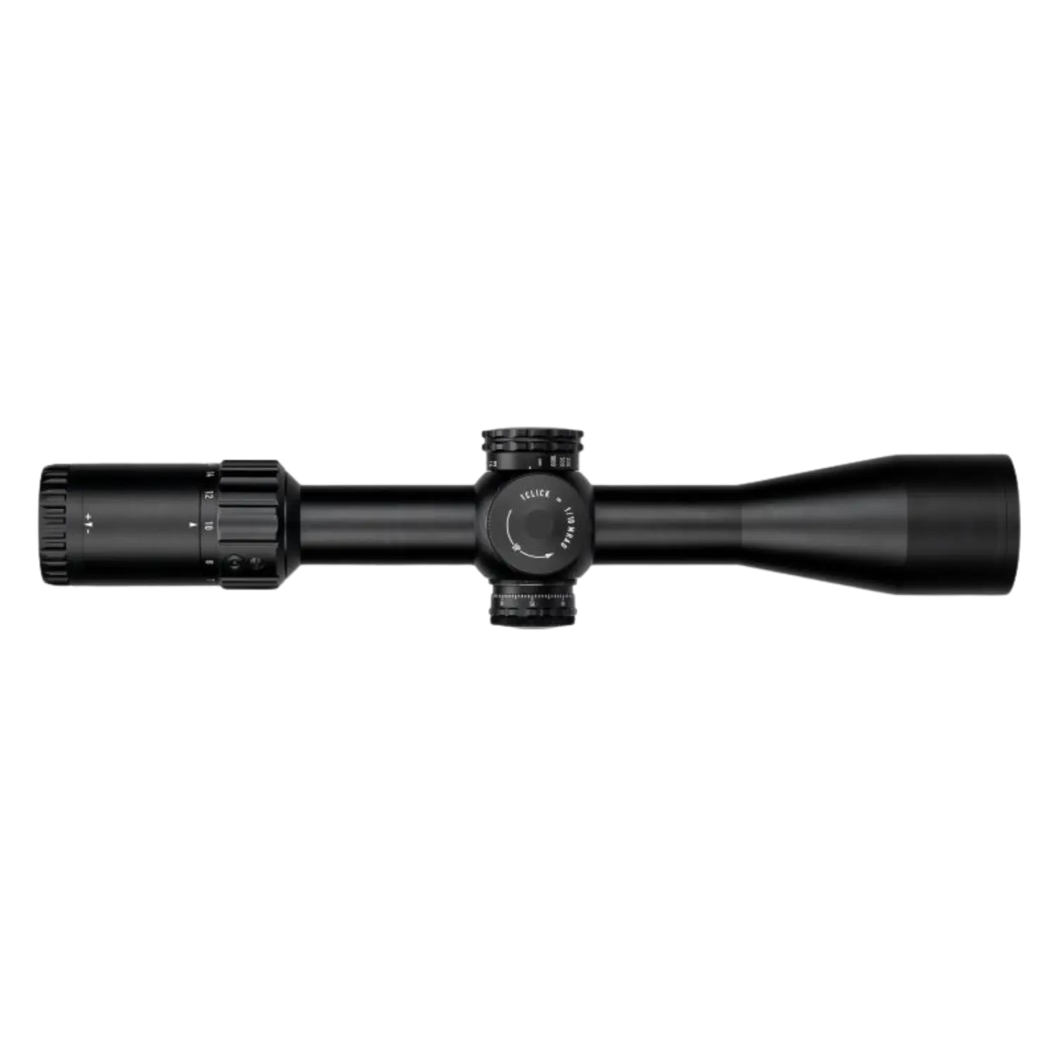 Schwarzes Zielfernrohr Element Optics Helix Gen2 mit variabler Vergrößerung 4-16x und Objektivdurchmesser 44 mm, seitliche und obere Einstelltürme.