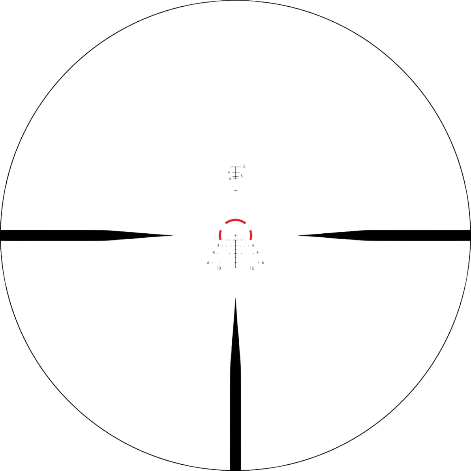 Abbildung des Absehen des Vortex Strike Eagle Zielfernrohrs 1-8x24 SFP AR-BDC3 MOA. Das Absehen zeigt ein zentrales Fadenkreuz mit MOA-Markierungen und einer roten Bogenlinie.