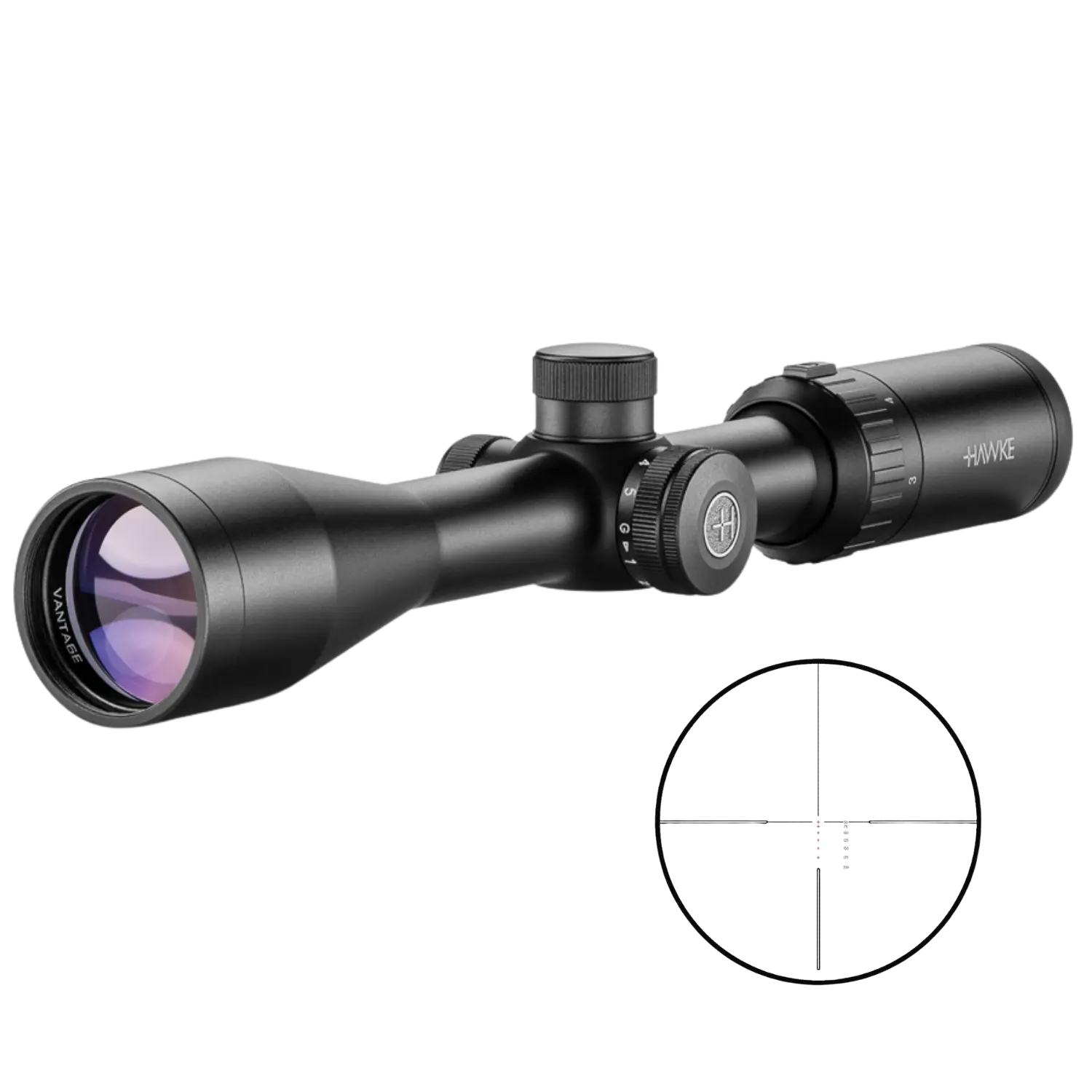 Schwarzes Zielfernrohr mit verstellbaren Ringen und beleuchtetem Fadenkreuz, Marke Hawke, mit Nahaufnahme des Fadenkreuzes.