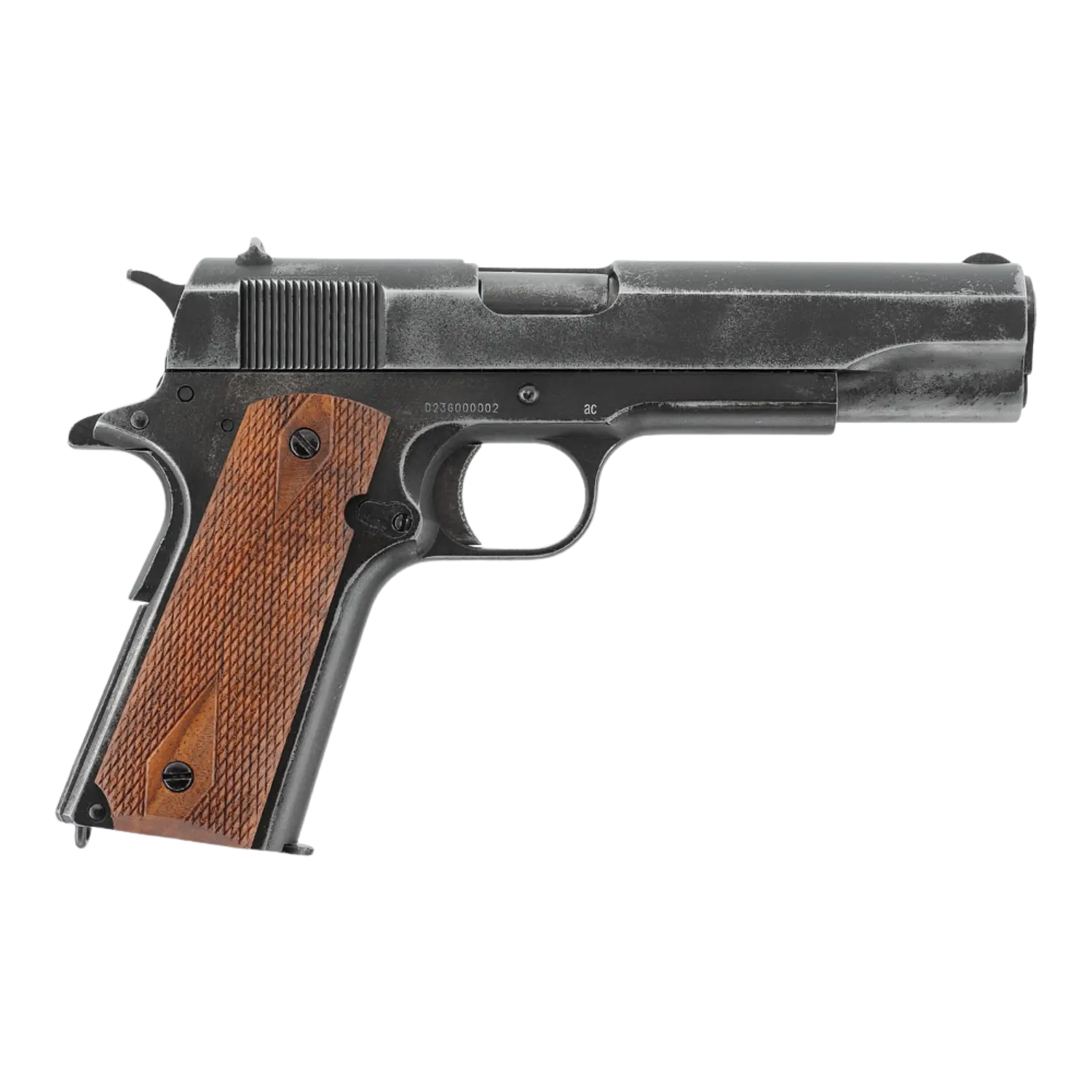 Schwarze CO2-Pistole Colt Government Model mit braunen Holzgriffschalen und sichtbaren Beschriftungen auf dem Lauf.