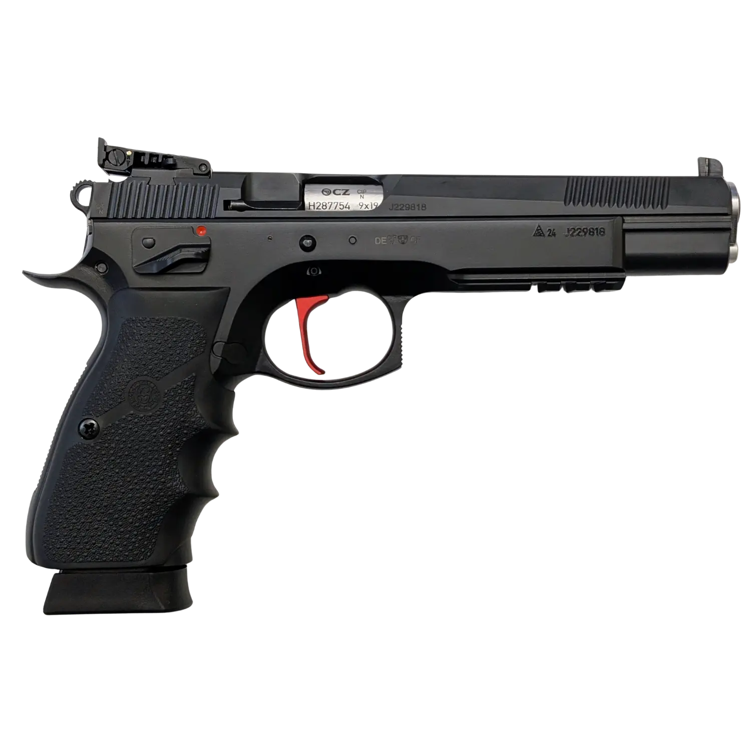 schwarze Kurzwaffe mit silberner kammer und rotem Abzugszüngel  voll brüniert in der Linksansicht