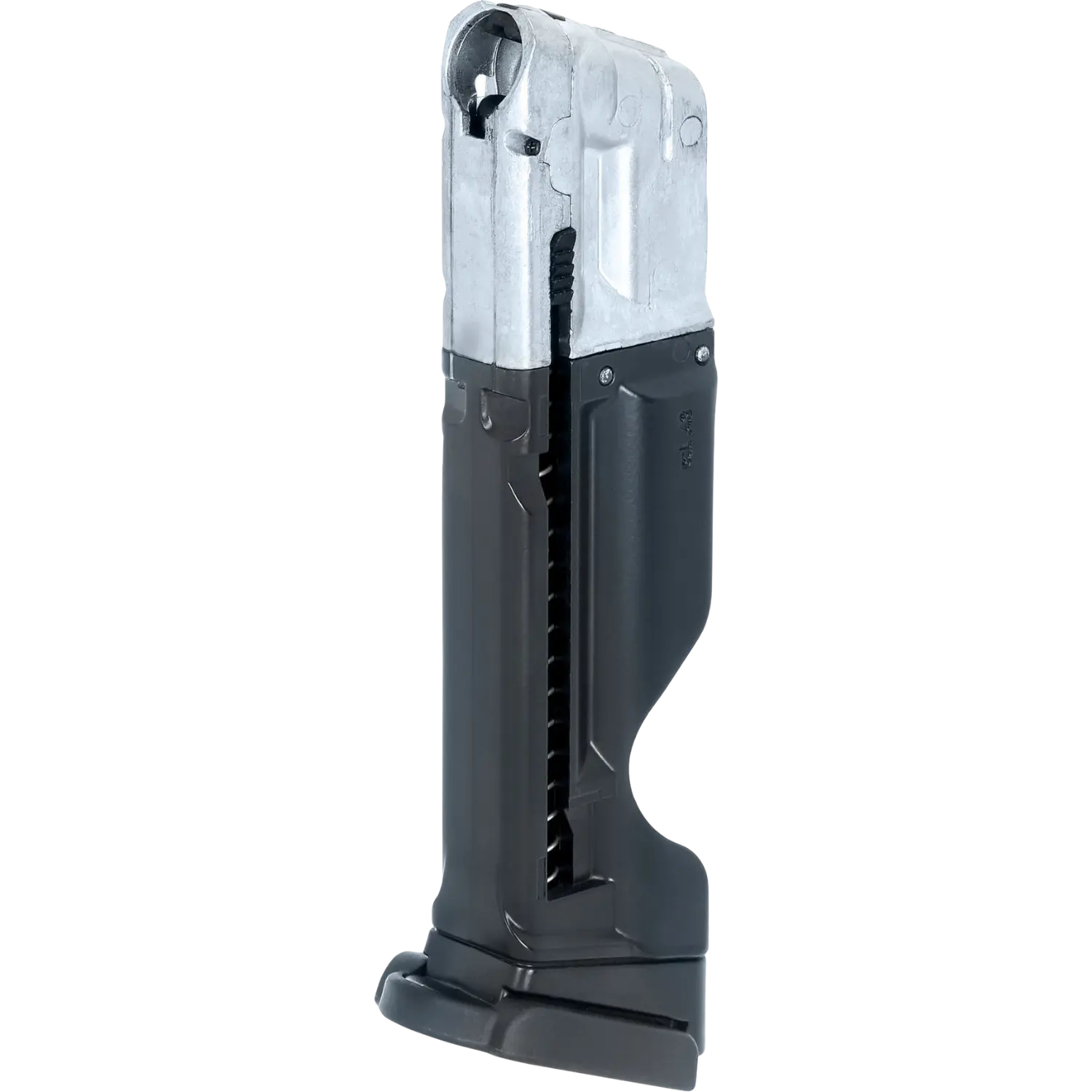 Heckler & Koch SFP9/VP9 T4E Ersatzmagazin Kaliber .43 Ram Waffenmagazin von Heckler und Koch, schwarze Kunststoffbasis mit silbernem Metalloberteil, vertikale Perspektive.