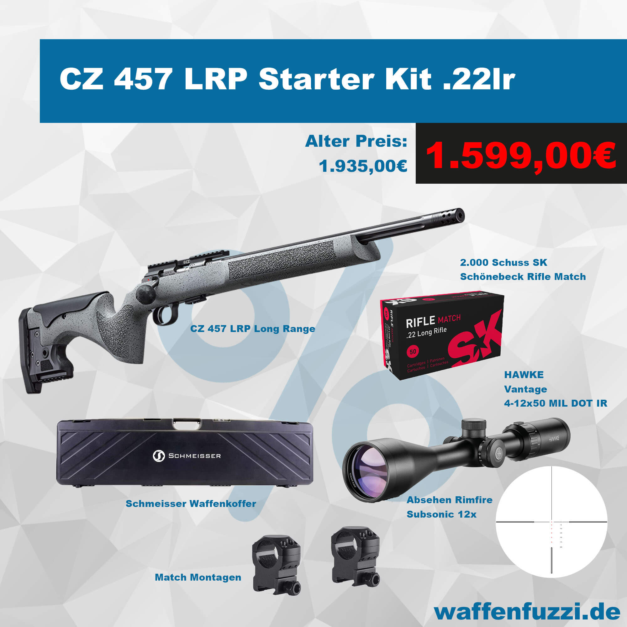 CZ 457 LRP Set mit 2000 Schuss Munition Hawke Optik Waffenkoffer und Montagen