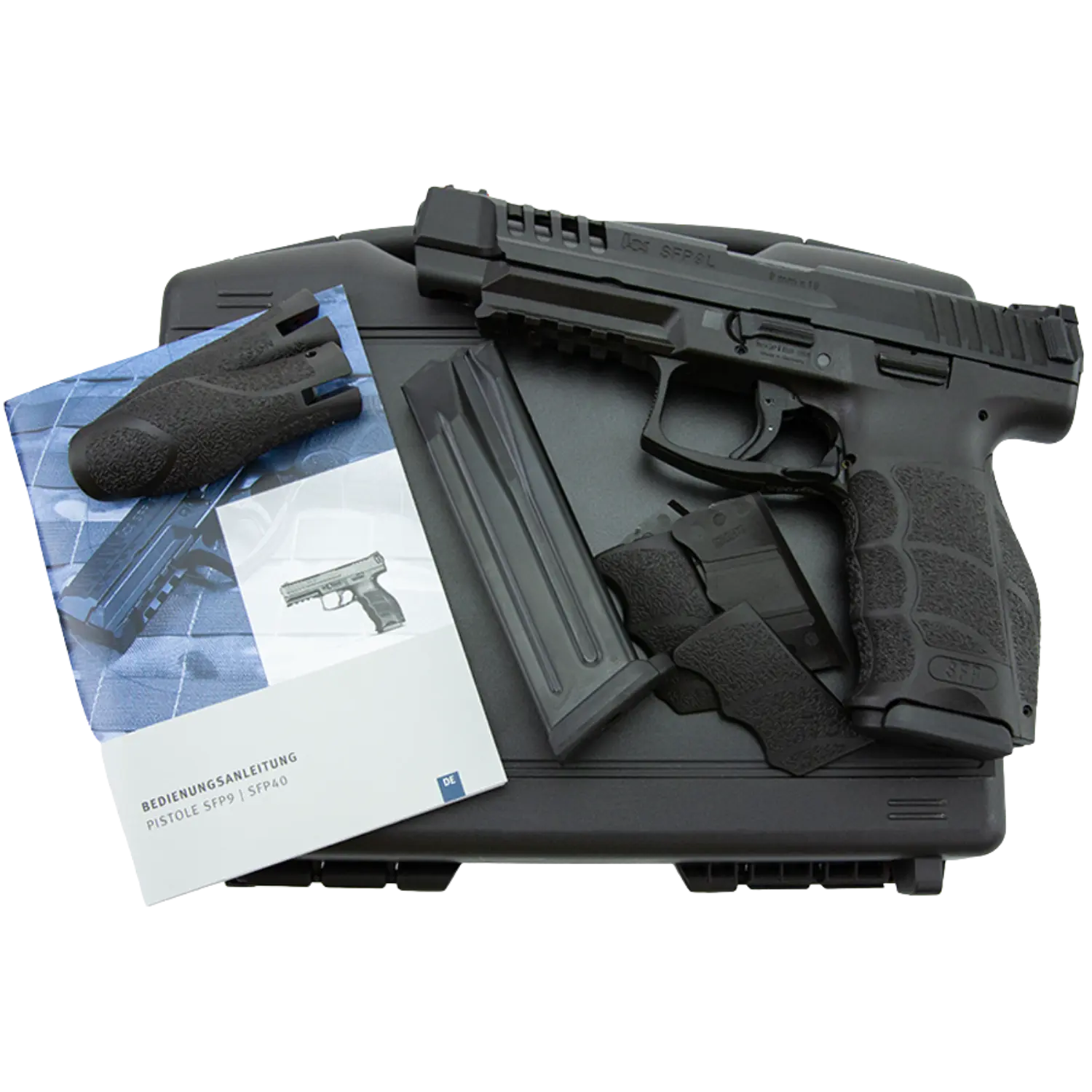 HK SFP9L-SF Kaliber 9mm Luger HK SFP9 9mm Pistole mit Magazin, zwei Griffstückaufsätzen, Bedienungsanleitung und schwarzem Kunststoffkoffer.