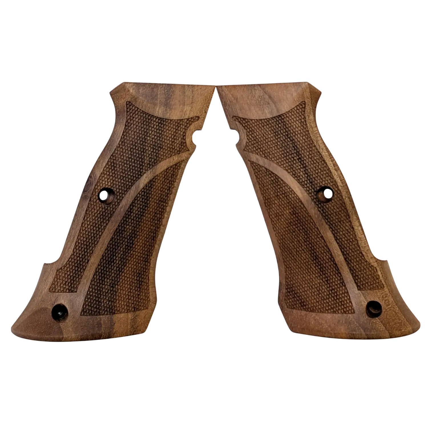 Lange Pro Tuning Griffschalen aus Holz mit strukturierter Griffoberfläche und Schraubenlöchern