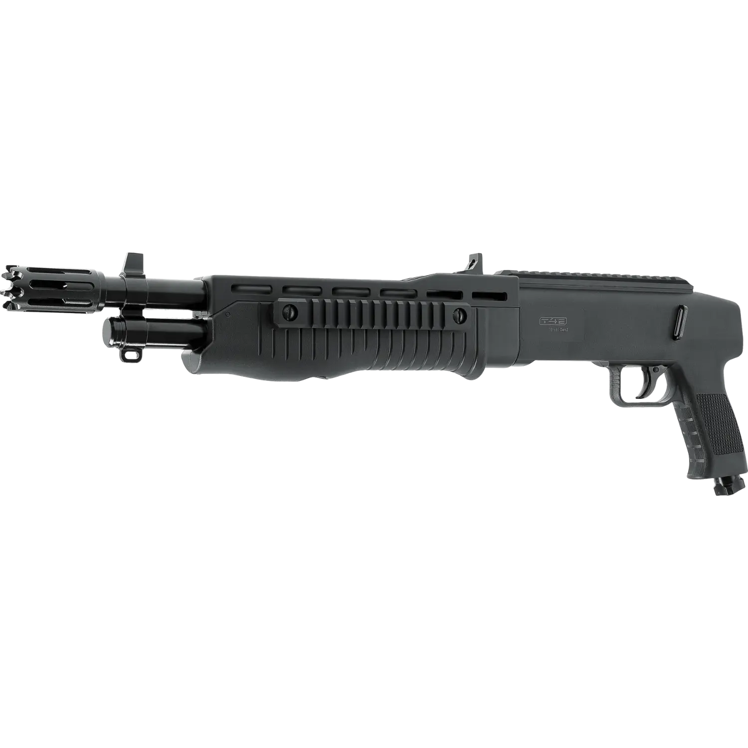 T4E TB68 Gen2 von RAM Waffe, schwarzes Gewehr mit ergonomischem Griff, Picatinny-Schiene und einem Lauf mit Mündungsbremse.