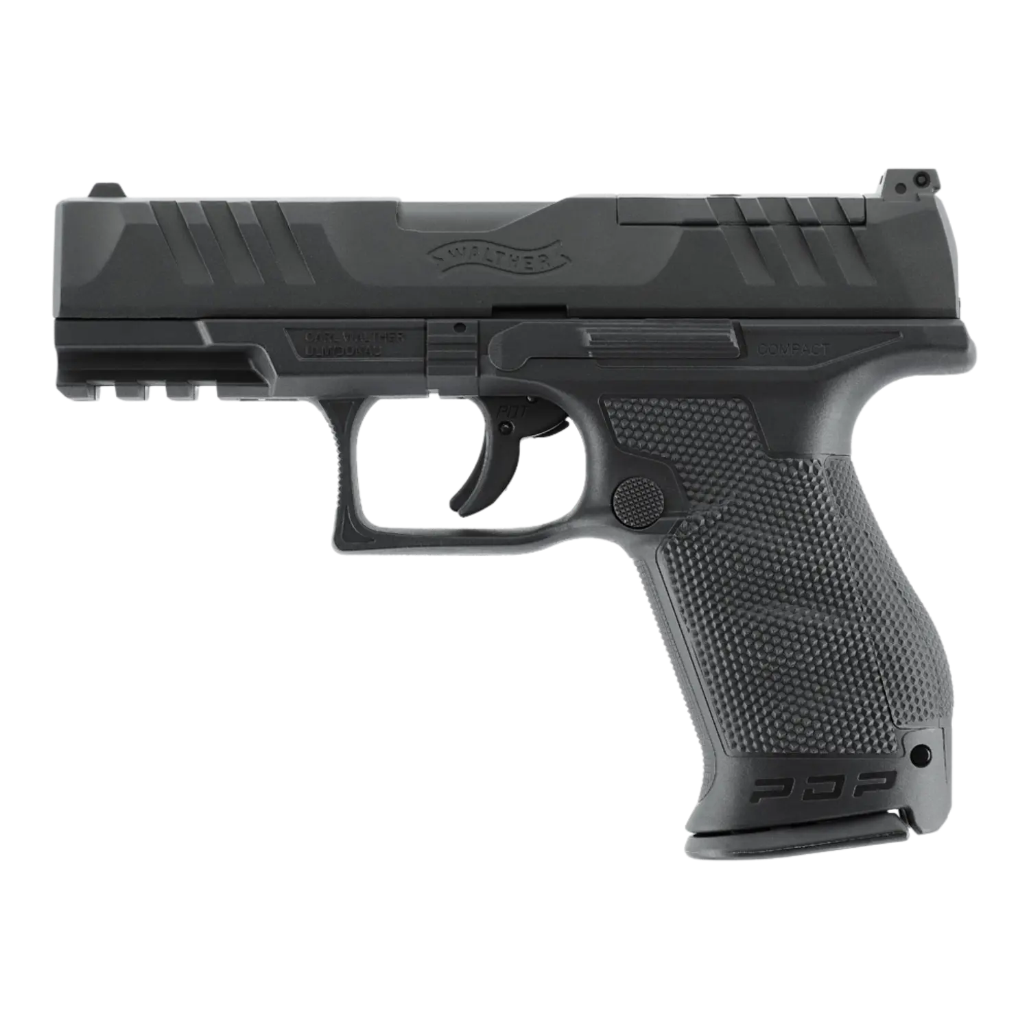 Walther PDP Compact 4" BLK CO2 Pistole 4,5 mm BB Schwarze CO2-Pistole Walther PDP mit strukturiertem Griff, Visier und Abzug, Seitenansicht rechts