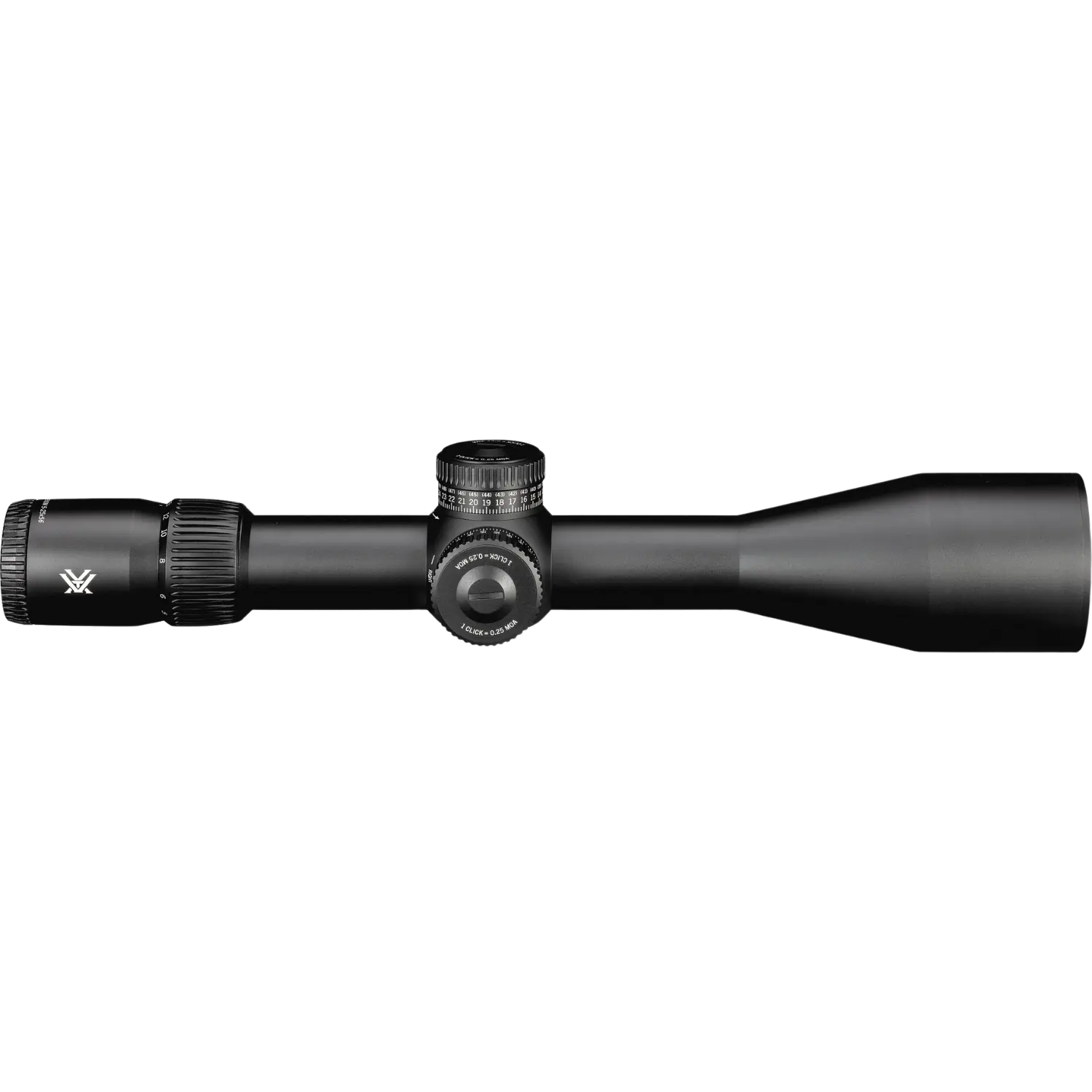 Vortex Zielfernrohr Venom 5-25x56 FFP, schwarzes Gehäuse, länglicher Körper mit einem großen Objektiv, zwei verstellbaren Ringen und einem zentralen Einstellrad.