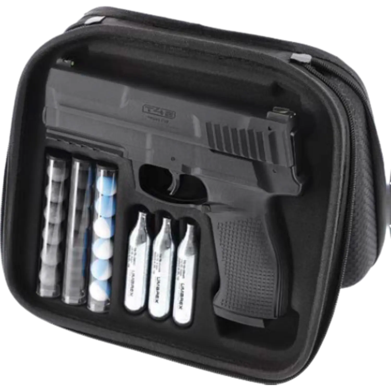 Schwarze Impax P68 Pistole im offenen schwarzen Koffer mit drei CO2-Kapseln und drei Behältern mit Kugeln