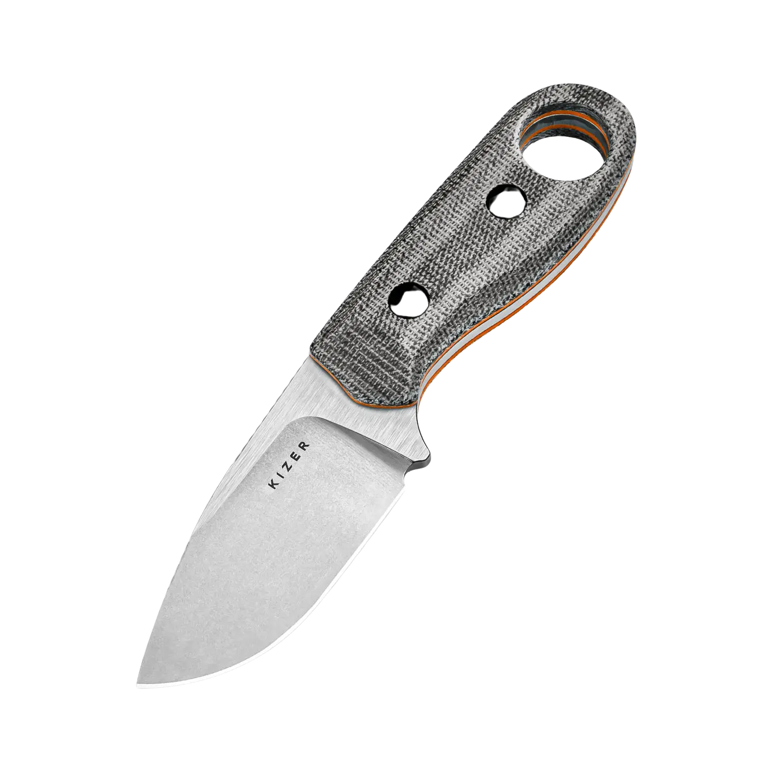 Kizer Beaver Nitro-V Black Micarta & Orange G10 Kizer Beaver Nitro-V Messer mit kurzer, breiter Klinge und Griff aus schwarzem Micarta mit orangefarbenem G10-Liner, zwei Löchern im Griff.