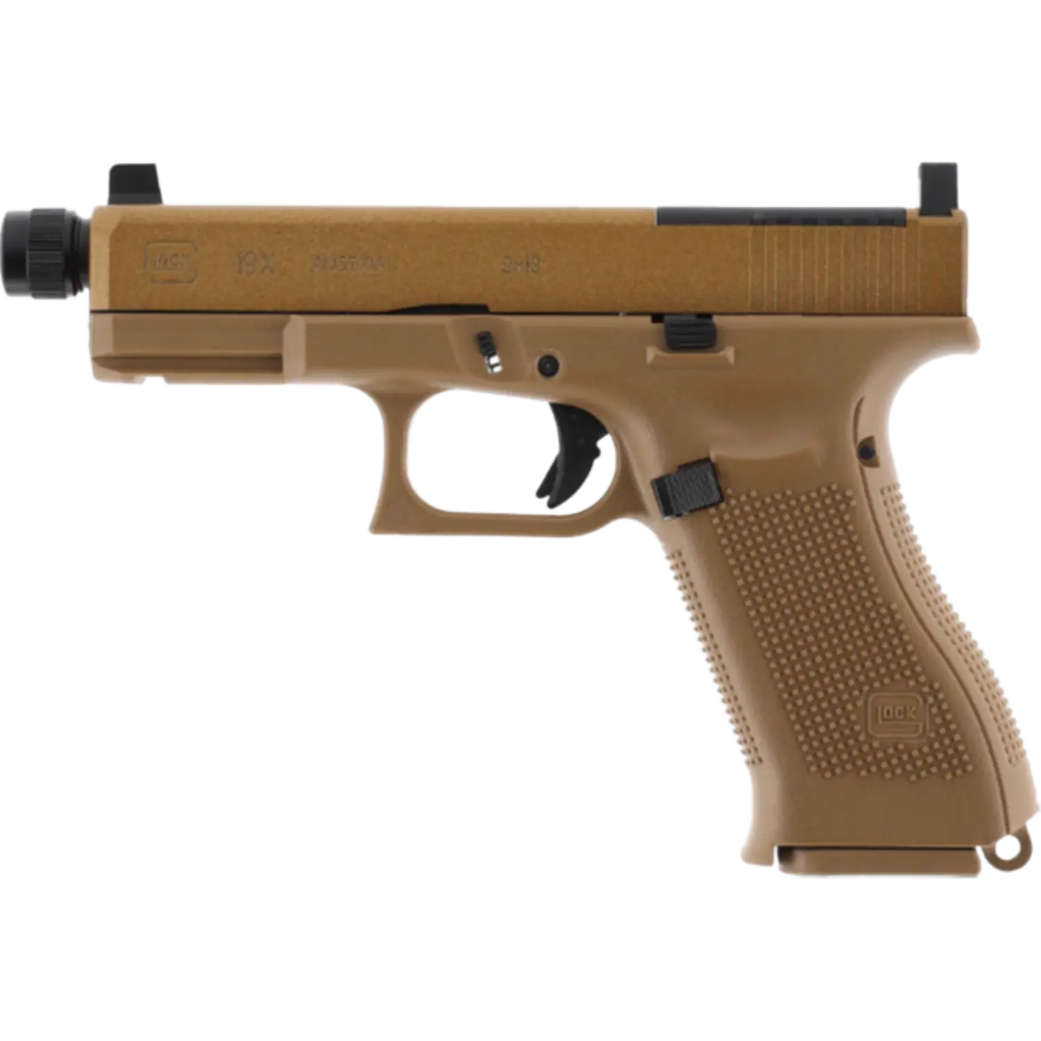 Glock 19X MOS CO2-Pistole Kaliber 4,5mm mit braunem Griff und schwarzem Lauf in Seitenansicht