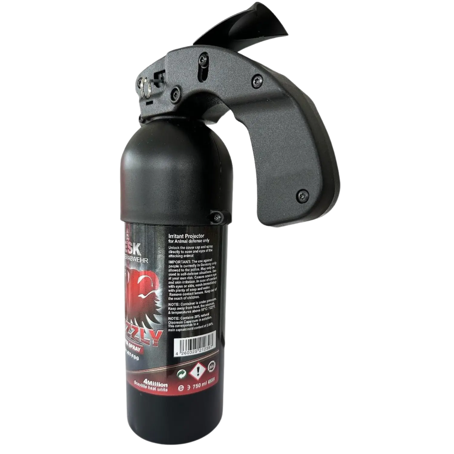 Schwarzer Vesk Grizzly Pfefferspray mit 750 ml Fassungsvermögen, ergonomischem Griff und Auslöser, Etikett mit Warnhinweisen und 4 Millionen Scoville Angabe.