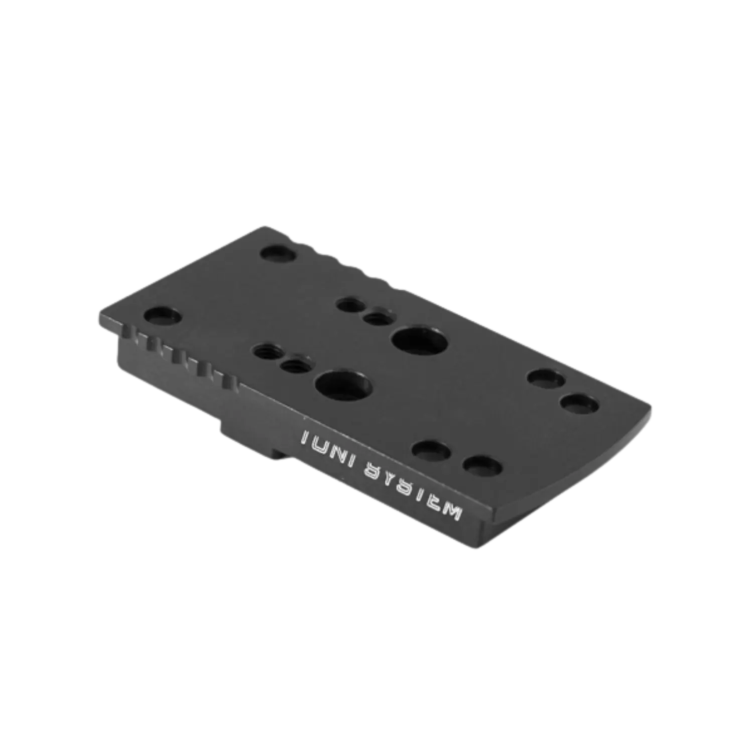 Toni System Red Dot Adapterplatte für Walther Q5 Match SF Schwarze rechteckige Metallplatte mit mehreren Bohrungen und der weißen Aufschrift 'WALTHER UNI' an der Seite.