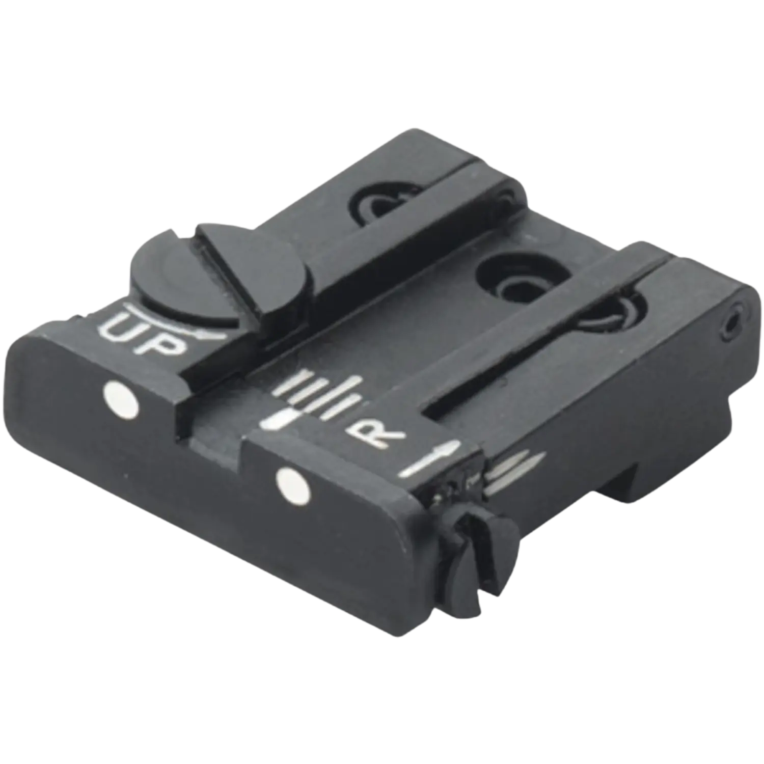 LPA Mikrometer-Visier "TPU" ohne Korn für Glock-Pistolen verschiedene Varianten Schwarzes Metallteil mit zwei weißen Punkten, Beschriftung 'UP' und Justierskala mit Pfeilen, zwei Schraubenlöchern, rechteckige Form.