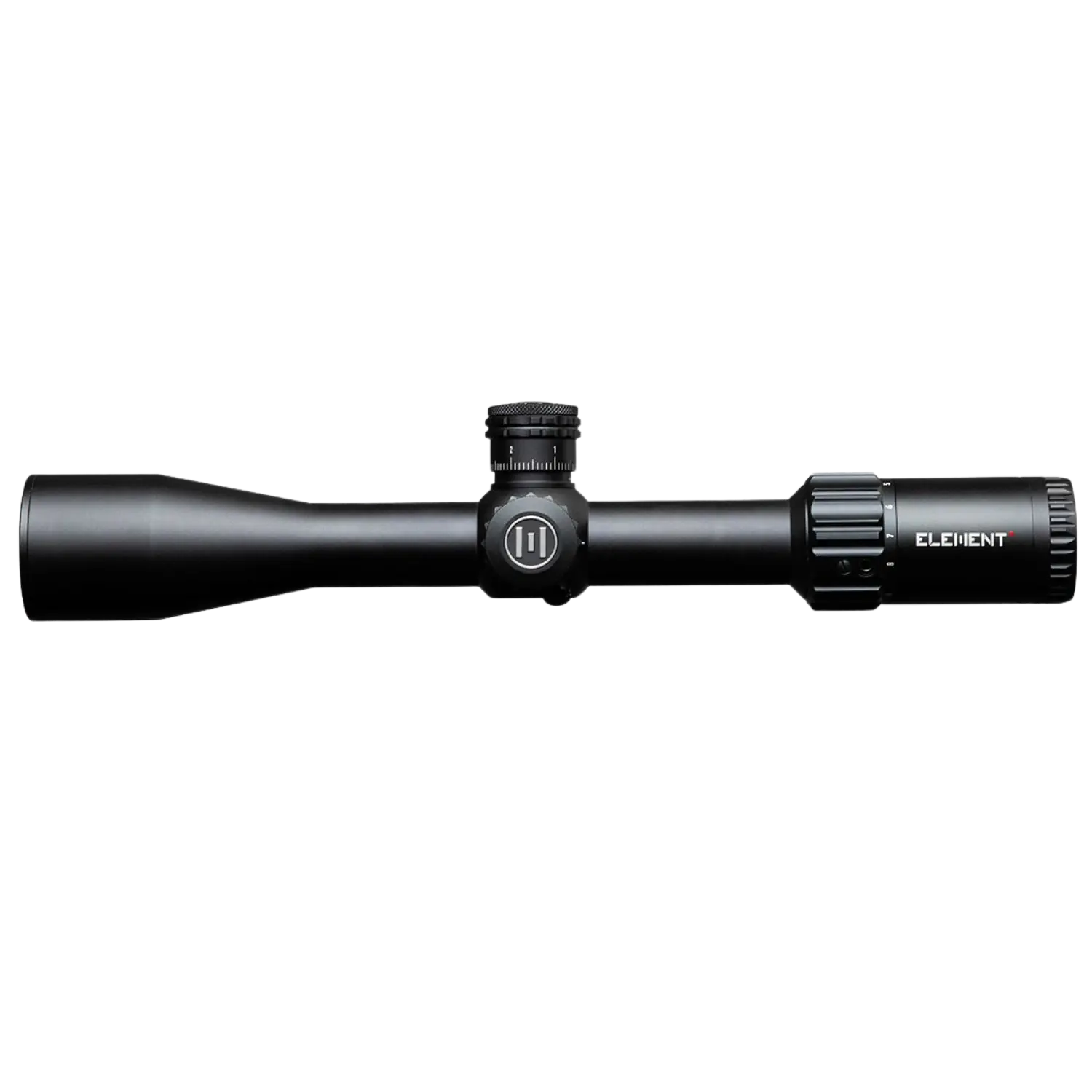 Element Optics Zielfernrohr Helix 4-16x44 APR-1C MOA FFP Schwarzfarbige Zielfernrohr mit einem langen, schlanken Körper, einem großen Objektiv und einem verstellbaren Okular. Auf der Seite befindet sich ein Drehknopf.