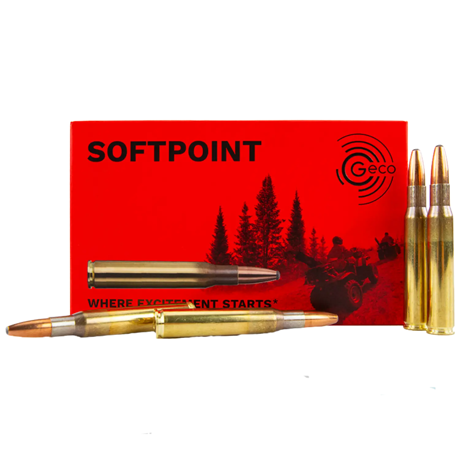 Rote Verpackung mit der Aufschrift 'SOFTPOINT' und 'Geco', davor vier Gewehrpatronen mit Messinghülsen und kupferfarbenen Spitzen.