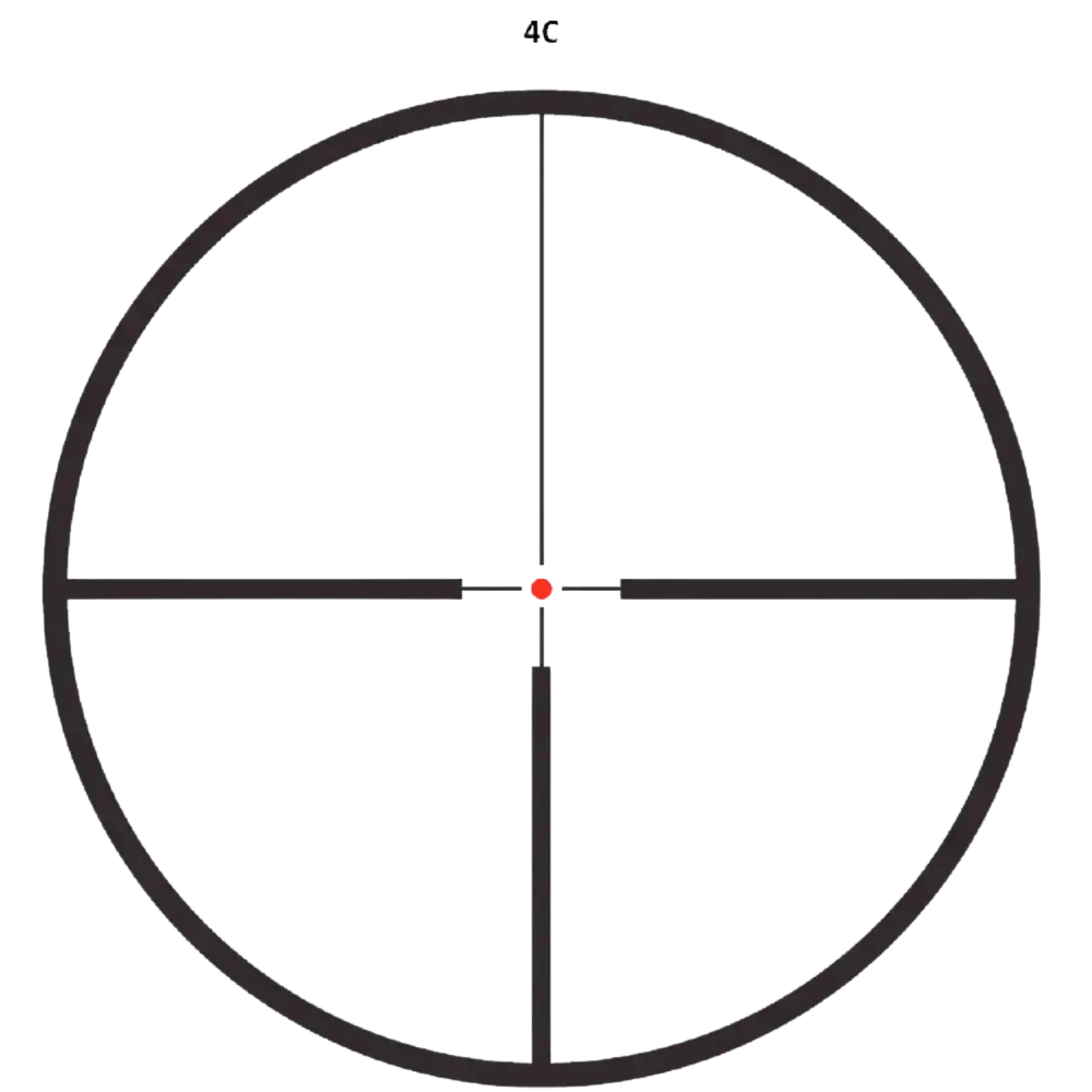 Schwarz-weiße Linienzeichnung eines Zielfernrohr-Absehens mit dicken horizontalen und vertikalen Linien, feinen Strichen und einem roten Punkt in der Mitte, bezeichnet mit '4c'