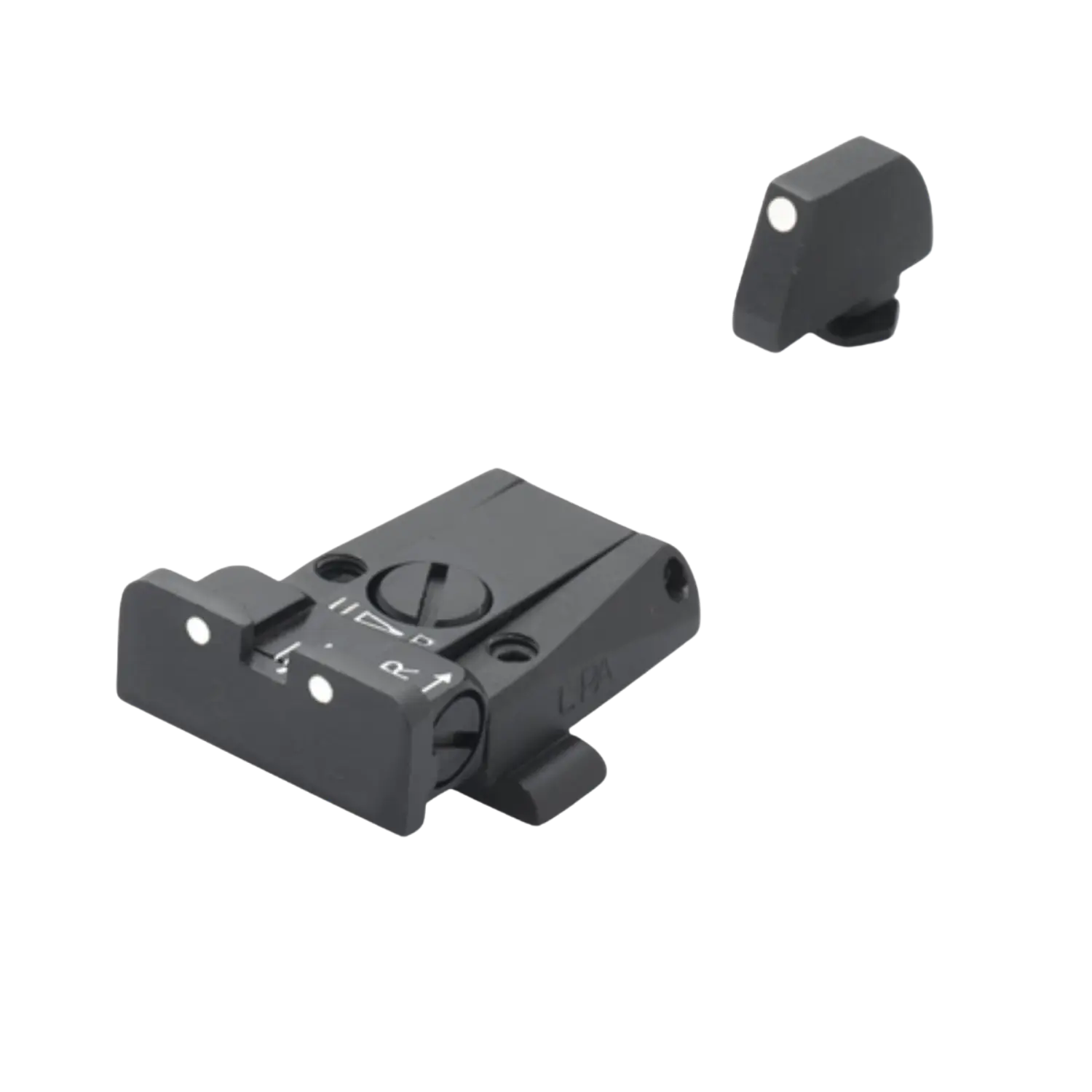 Glock 3Dot Kimme, schwarze Metallvisierung mit Einstellmechanismus, seitlich abgebildet, zusätzliches kleines Teil rechts.