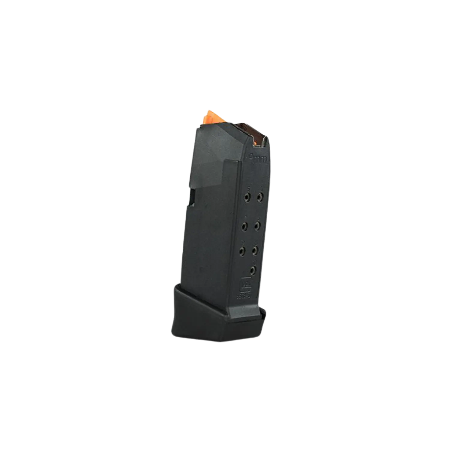 Glock 26 Magazin Kaliber 9mm Luger 12 Schuss Orange Schwarzes Magazin für eine Handfeuerwaffe, rechteckige Form mit mehreren Löchern und einer orangefarbenen Spitze.