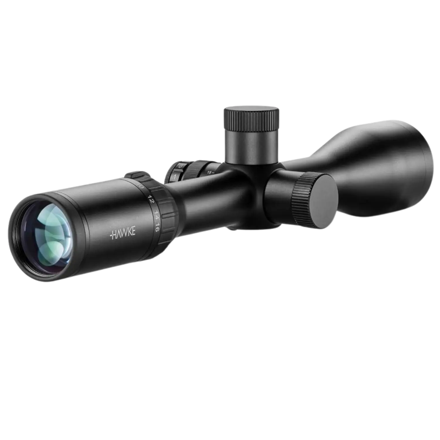 Schwarzes Zielfernrohr mit verstellbaren Einstellrädern und grünlich beschichteter Frontlinse, Marke 'HAWKE'.