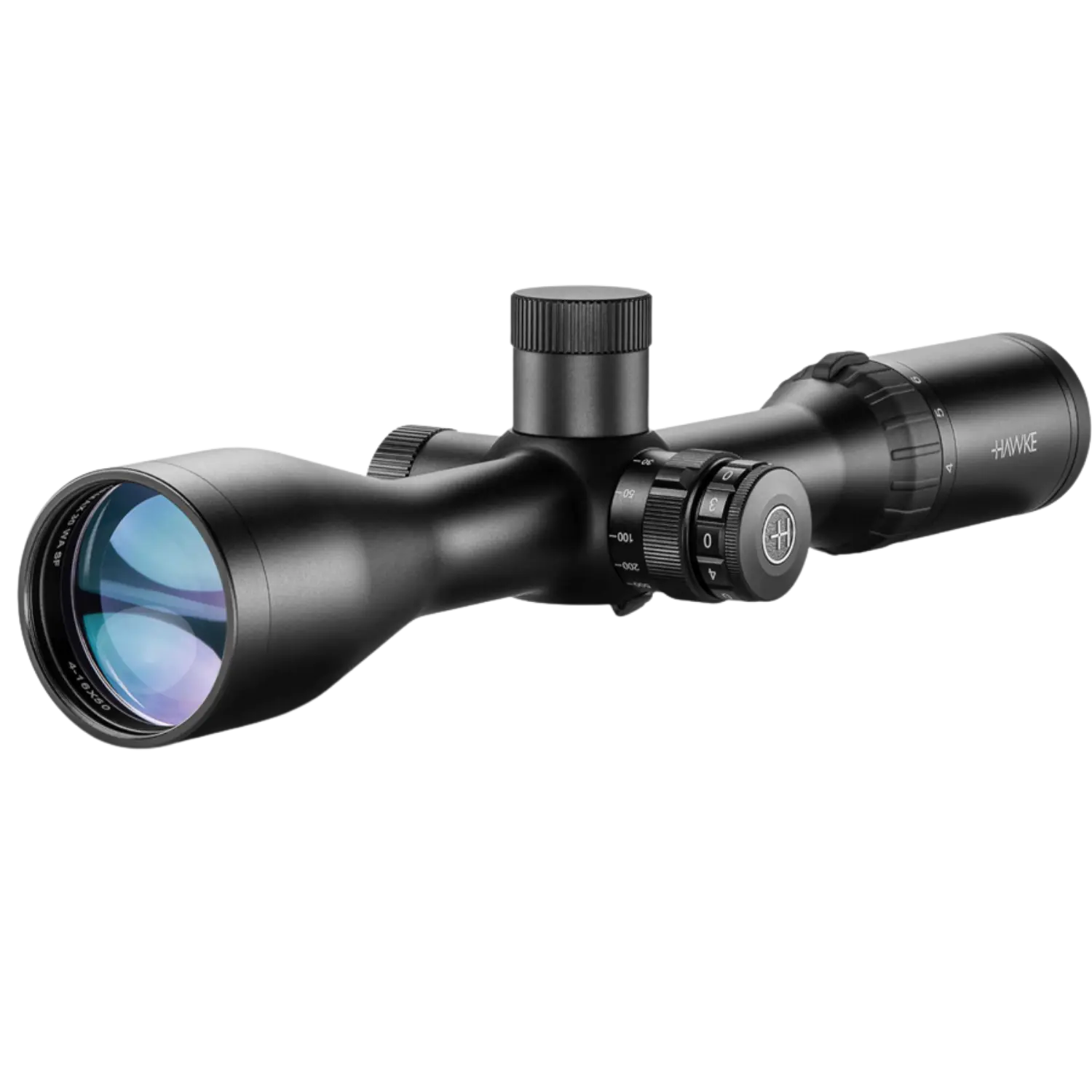 Schwarzes Zielfernrohr mit mehreren Einstellrädern und der Aufschrift 'HAWKE' am Okularende.