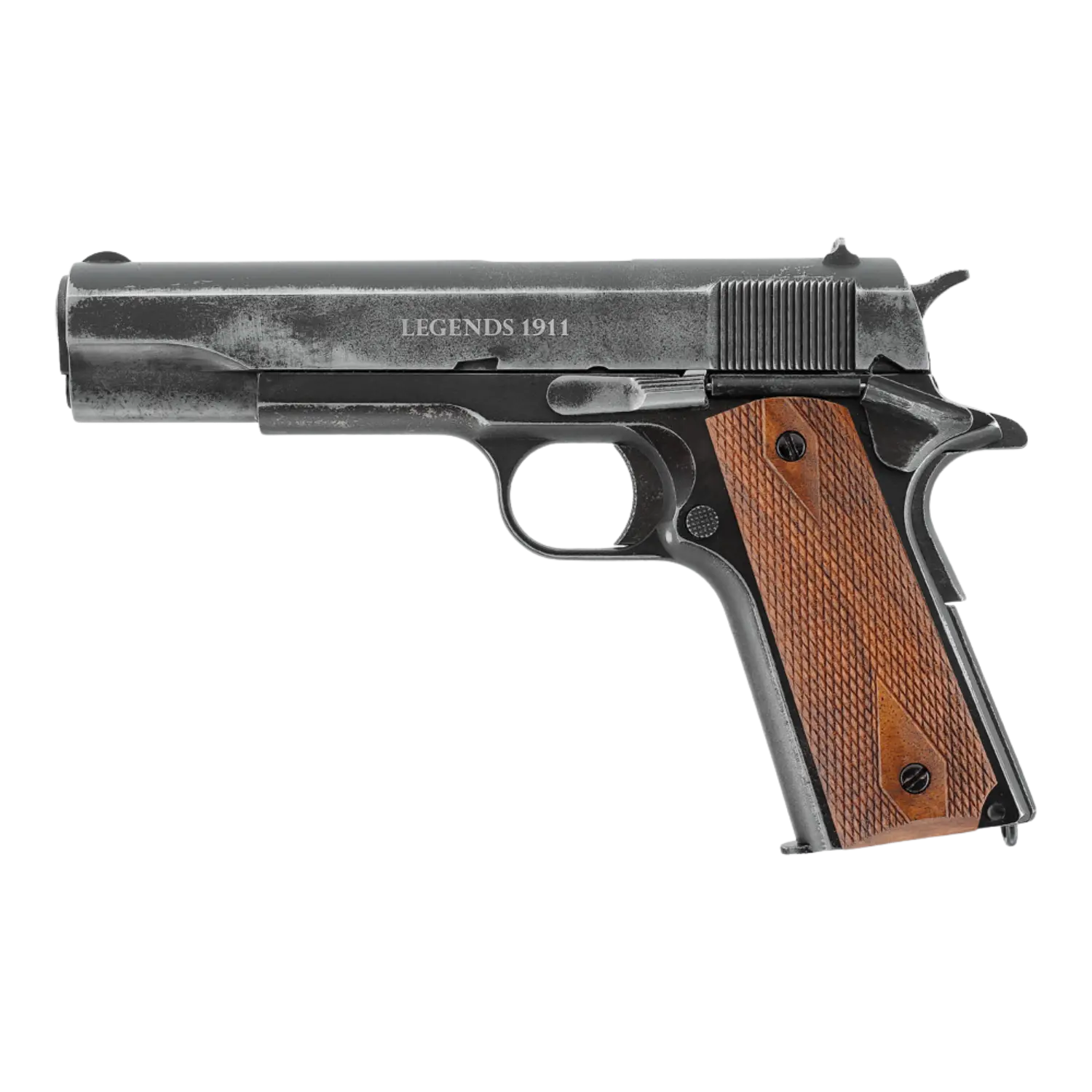 Legends 1911 Vintage ANT-WD CO2 Pistole 4,5mm BB Schwarze CO2-Pistole Colt Government Model mit braunen Holzgriffschalen und sichtbaren Beschriftungen auf dem Lauf.