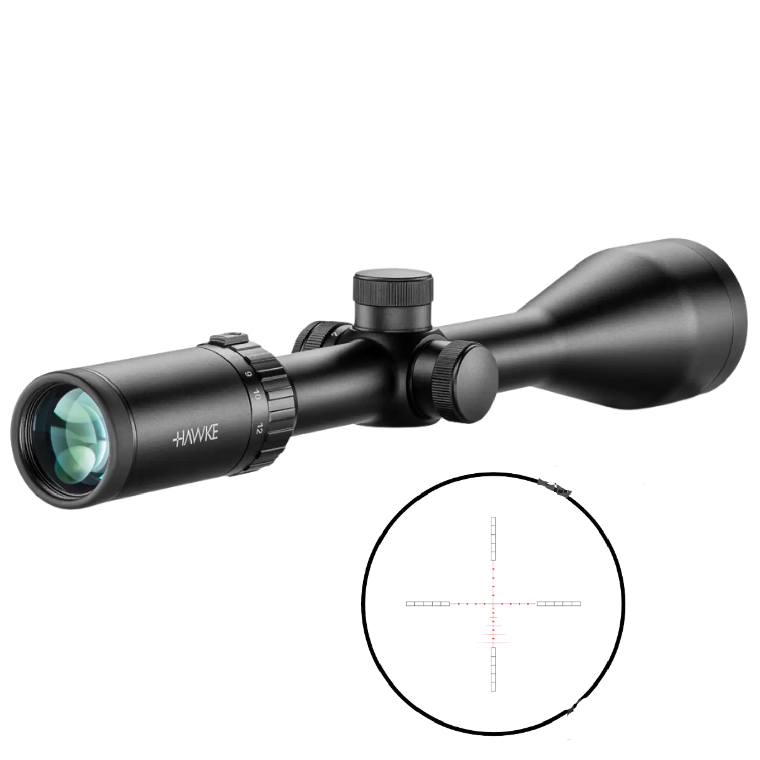 Schwarzes Zielfernrohr mit verstellbaren Einstellrädern und sichtbarem Markennamen 'HAWKE'.