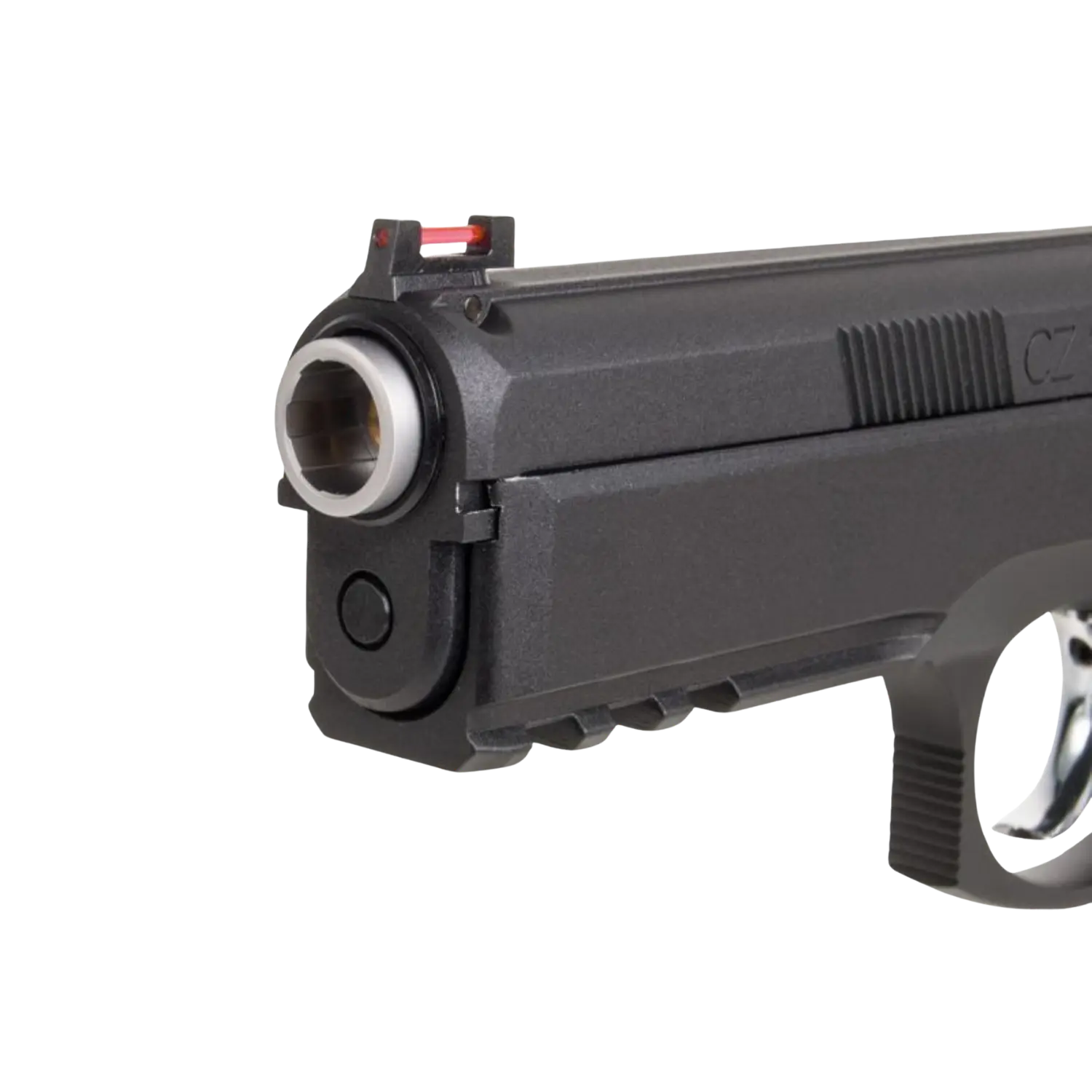 CZ SP-01 Shadow Schwarz 4,5mm BB - Druckluft Co2 BlowBack Nahaufnahme des vorderen Teils einer CZ Shadow Pistole in Schwarz, mit sichtbarem Lauf und Kimme in Rot.