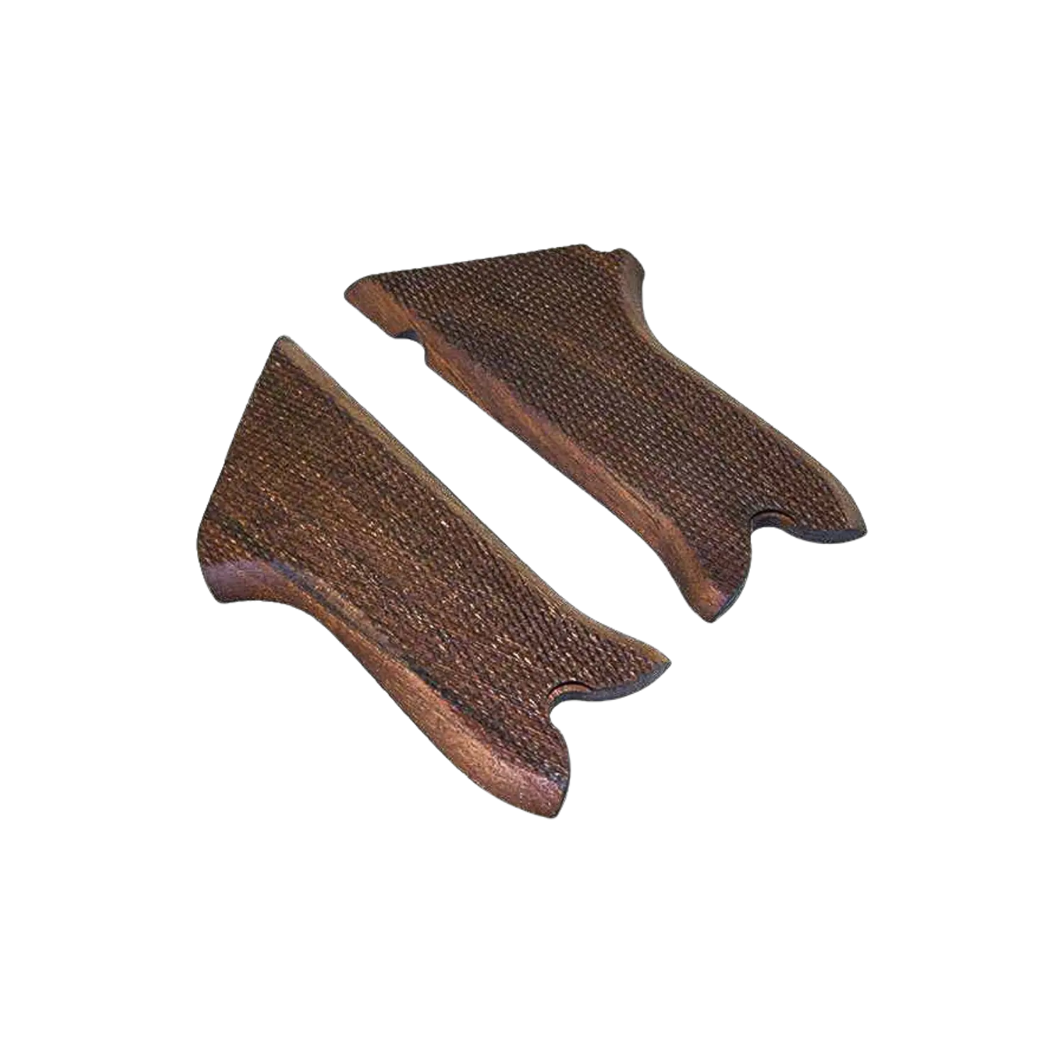 Zwei braune Holzgriffschalen mit geriffelter Oberfläche und Aussparungen an einem Ende, nebeneinander liegend.