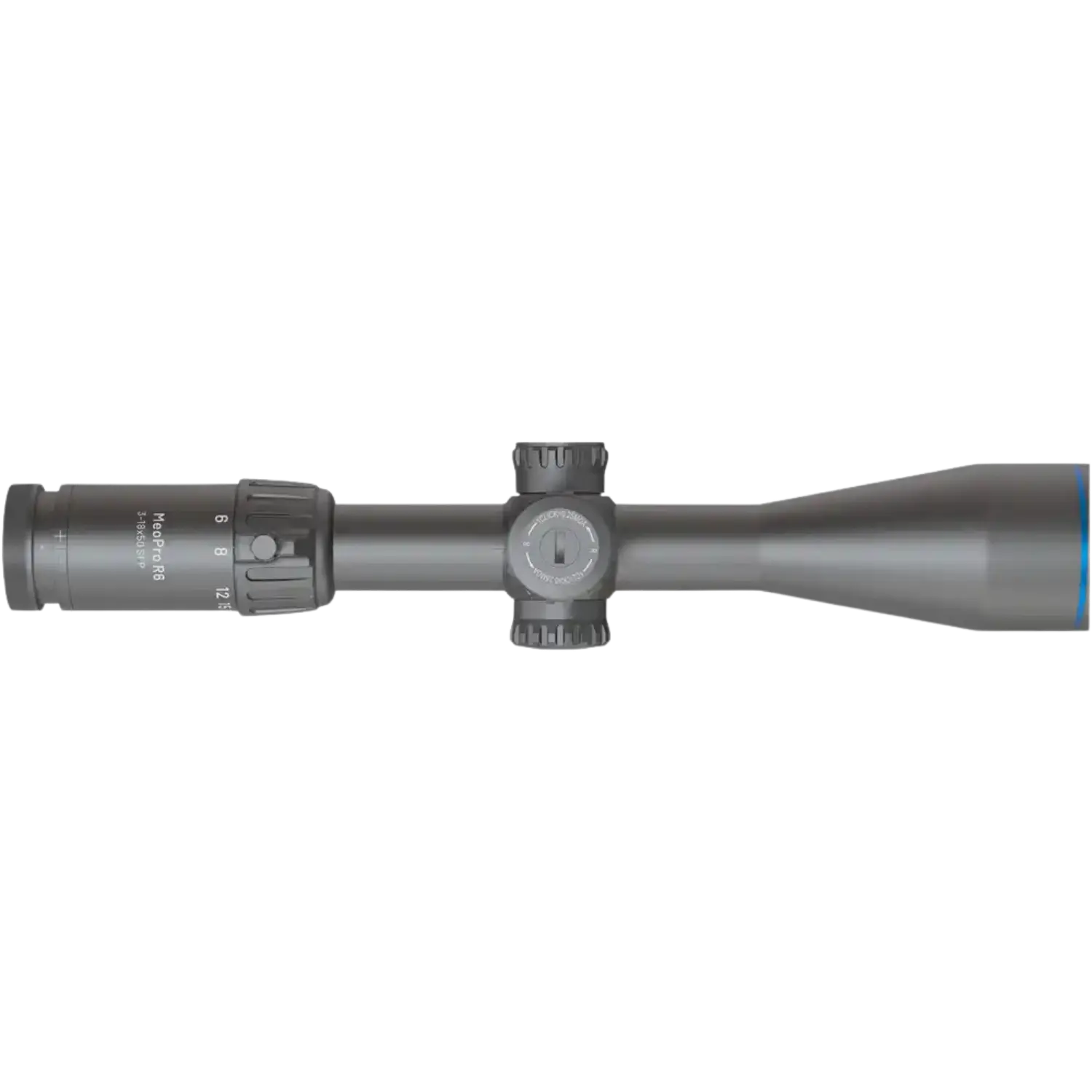 Seitenansicht des Zielfernrohrs Meopta Meopro R6 3-18x50 SFP RD Z-Plex mit Vergrößerungseinstellung und Justiertürmen