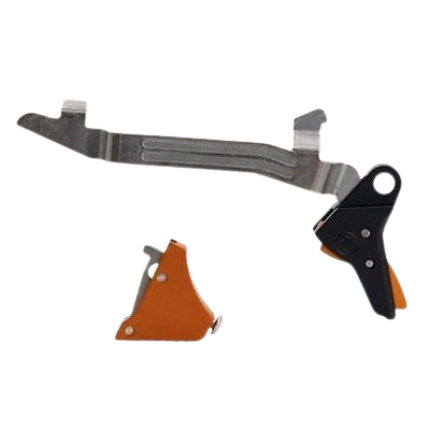 Timney Alpha Abzug für Glock Gen 5 Orange Zwei Metallteile eines Abzugsmechanismus, eines länglich und silbern, das andere kleiner und gelb-schwarz mit Schrauben.