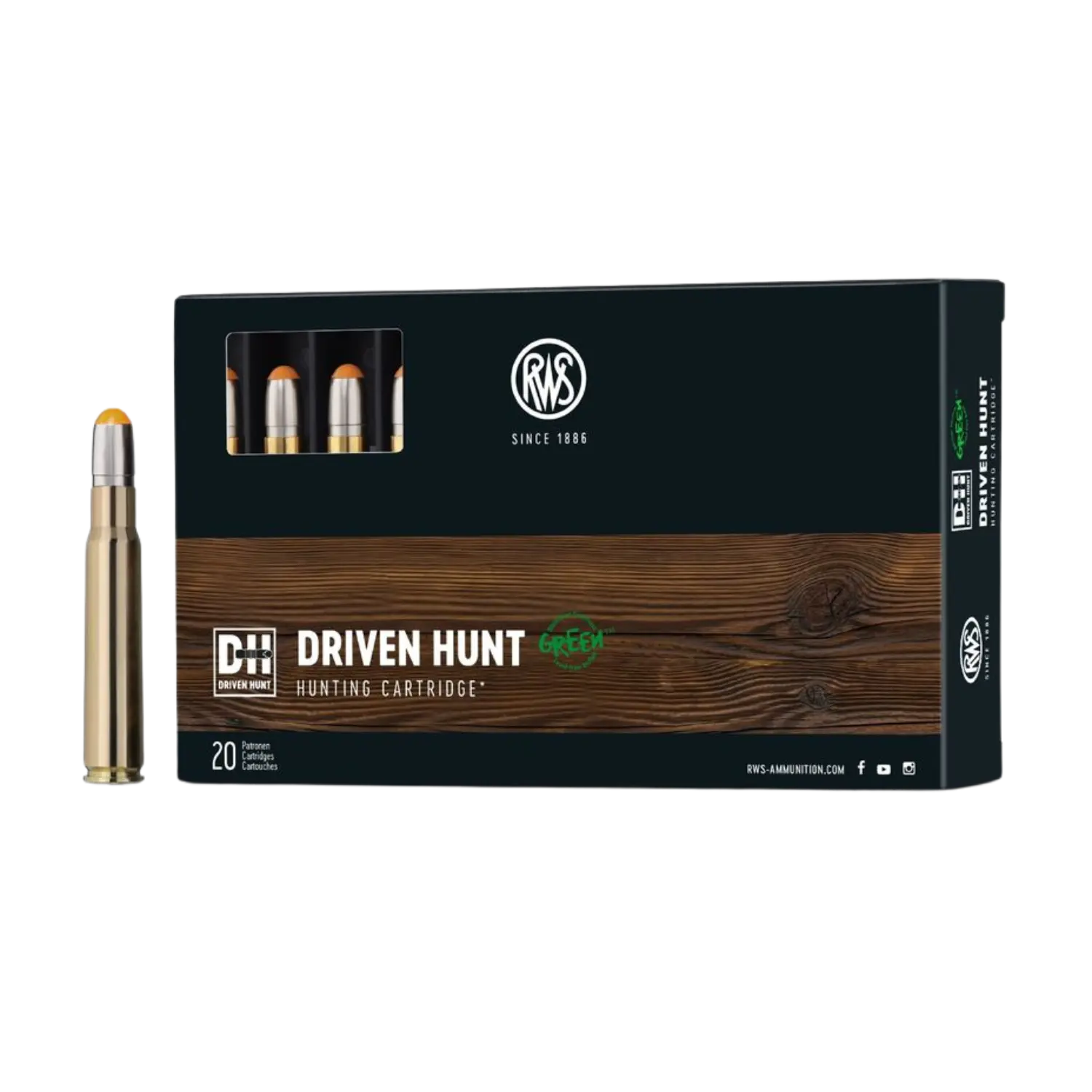 Verpackung von RWS Driven Hunt Jagdpatronen, enthält 20 Patronen im Kaliber 8x57IS. Die Box hat eine Holzoptik und zeigt das RWS-Logo.