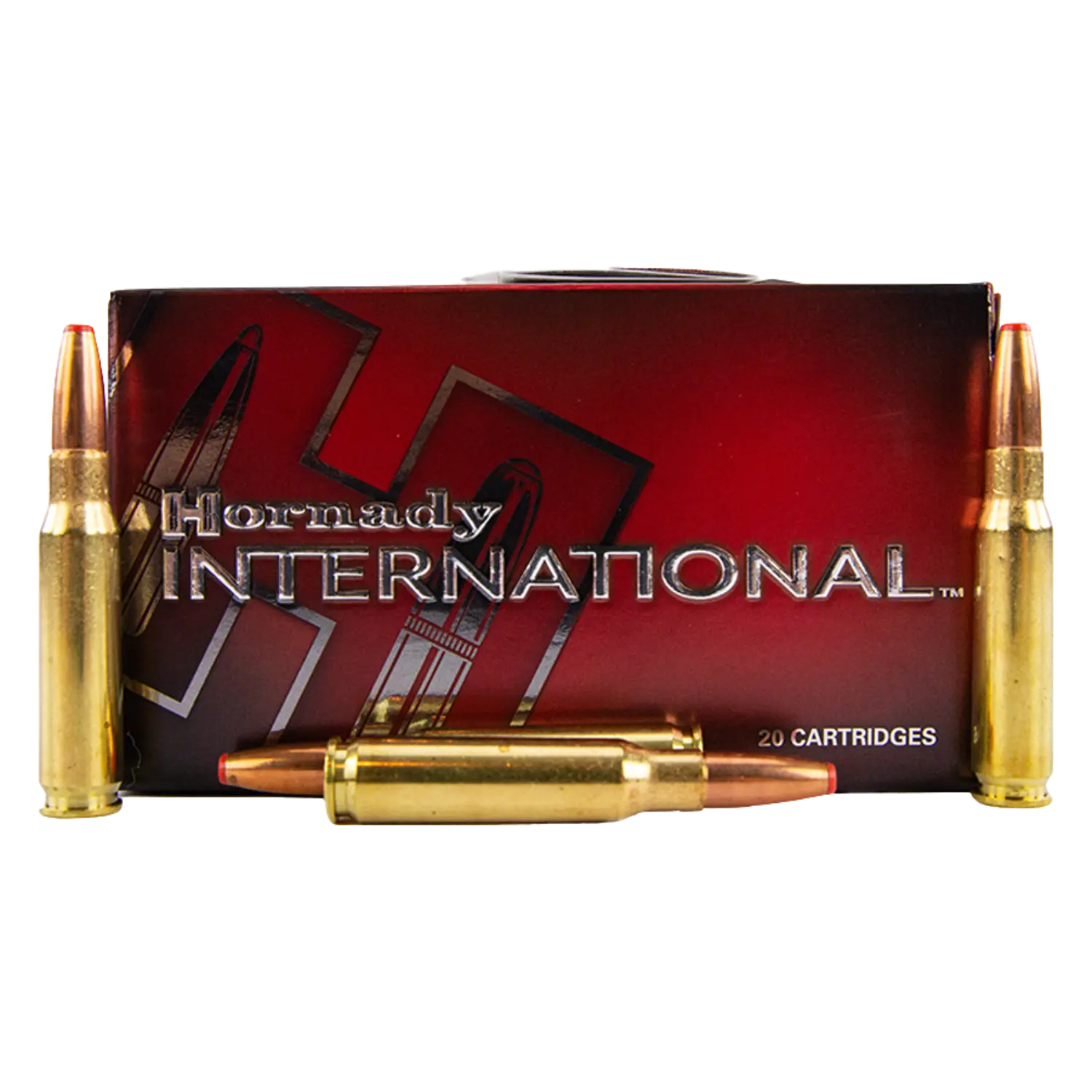 Eine Packung mit 20 Hornady International .308 Patronen, umgeben von drei Patronen, die aufrecht stehen. Die Verpackung ist rot mit silberner Schrift.