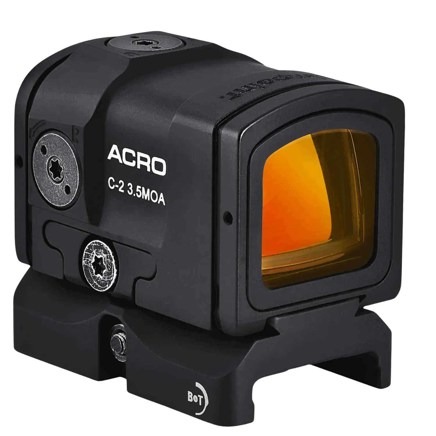 Schwarzes Aimpoint Acro C-2 Rotpunktvisier mit orange getöntem Glas und Picatinny-Montagebasis.