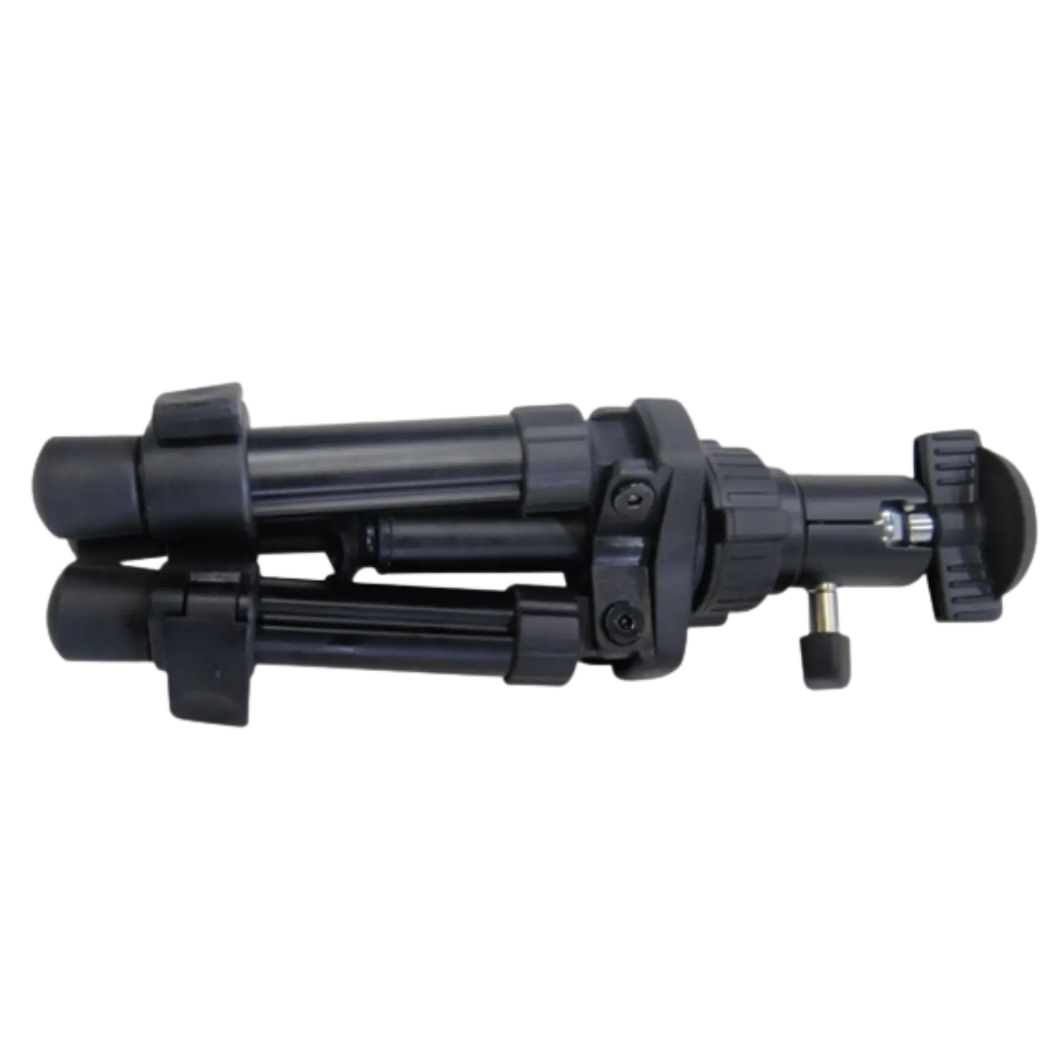 Kompaktes, schwarzes Mini-Kamerastativ mit drei zusammengeklappten Beinen und verstellbarem Kopf.