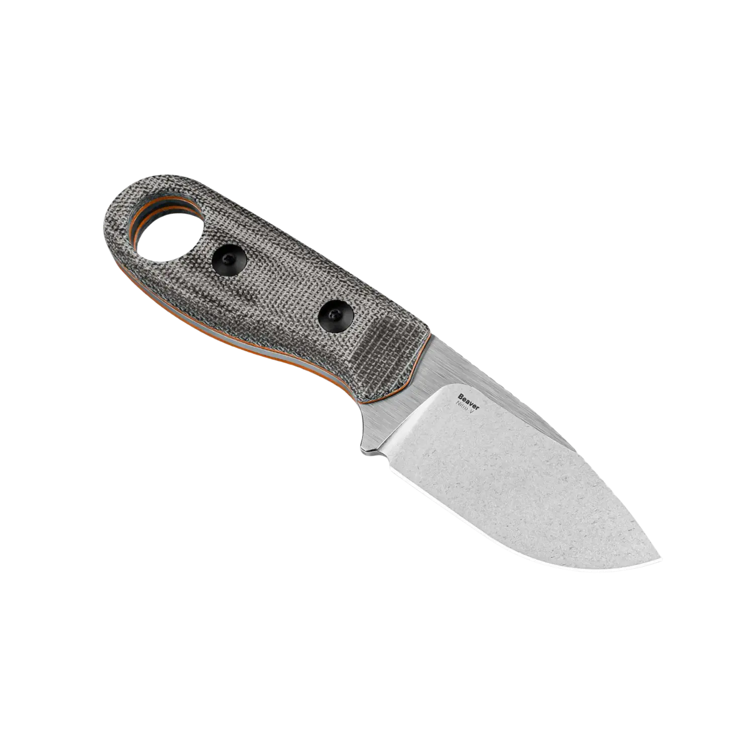 Kizer Beaver Nitro-V Messer mit schwarzem Micarta-Griff und orangefarbenem G10-Lagen, kurzer Klingenblatt mit matter Oberfläche und Griff mit Loch und zwei Schrauben.