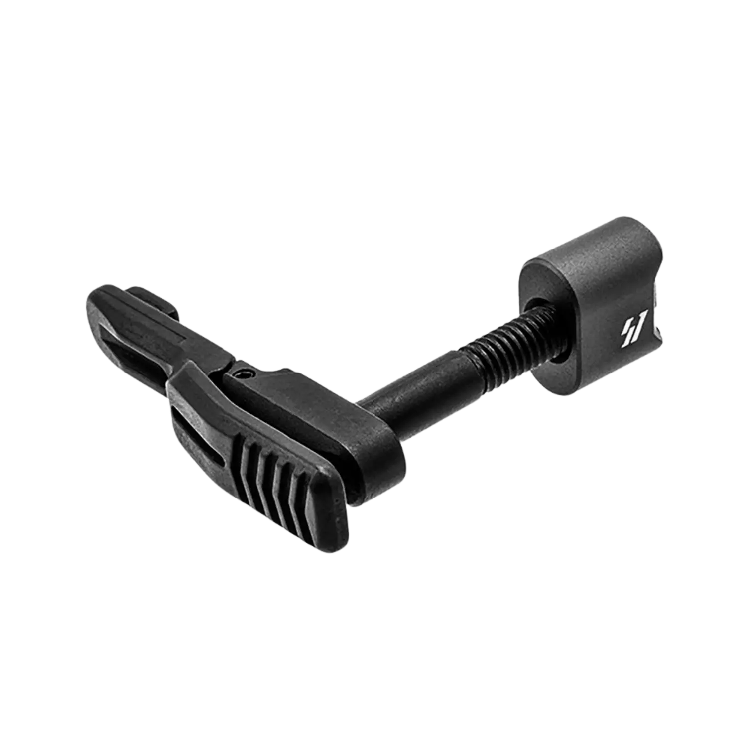 Schwarze, beidseitig bedienbare Magazinentriegelung für AR-15 mit geriffeltem Hebel und kleinem weißen Logo auf dem quadratischen Griffstück.