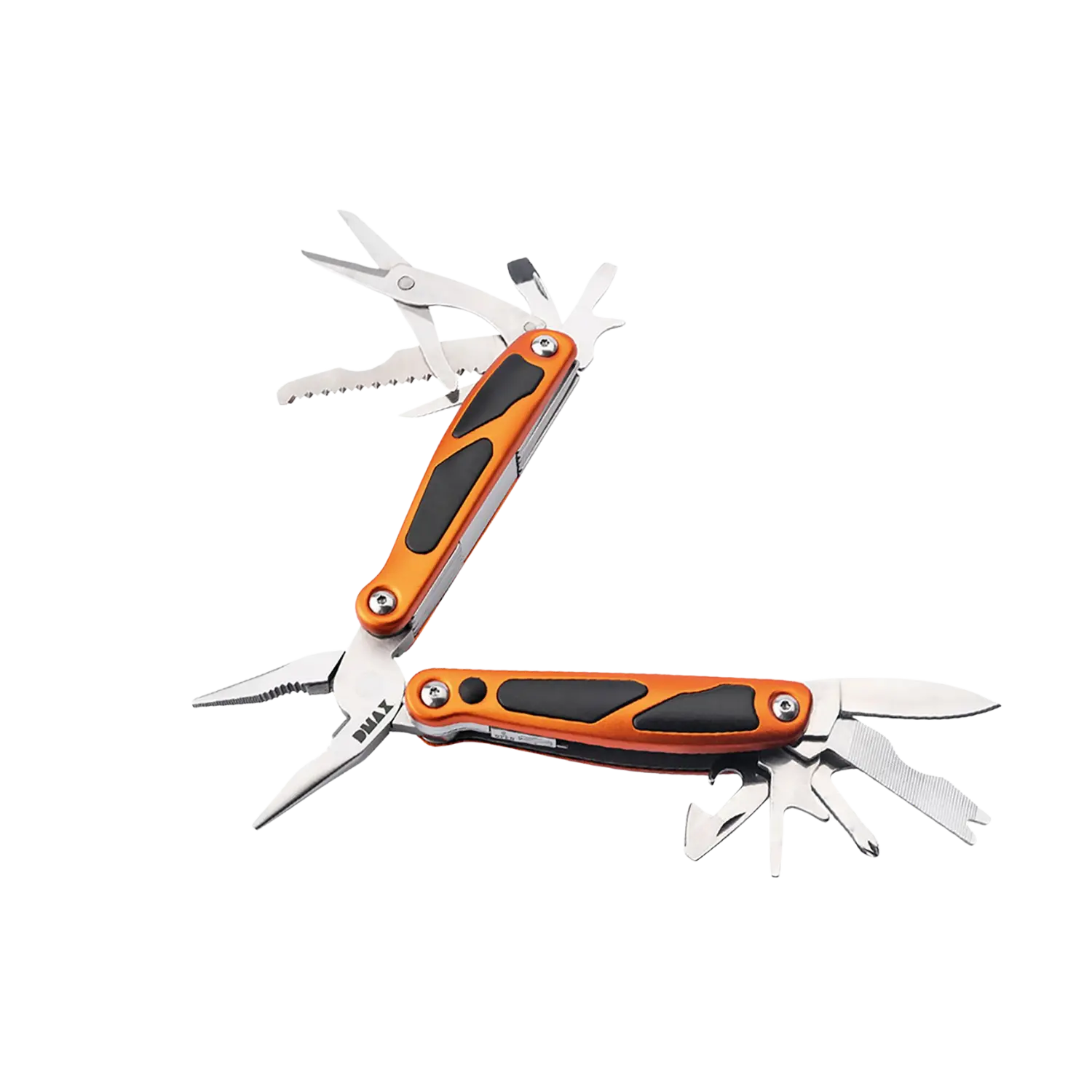 Multifunktionswerkzeug mit orange-schwarzem Griff, geöffnet mit Zange, Messer, Schraubendreher und weiteren Werkzeugen   Text 