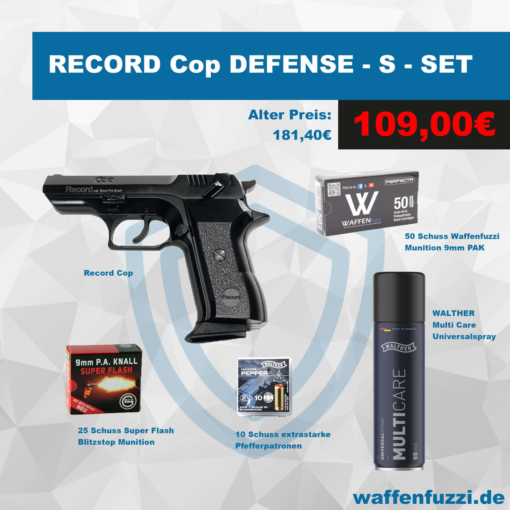 Record Cop Defense Set mit Stop Blitz Munition und Pfefferpatronen