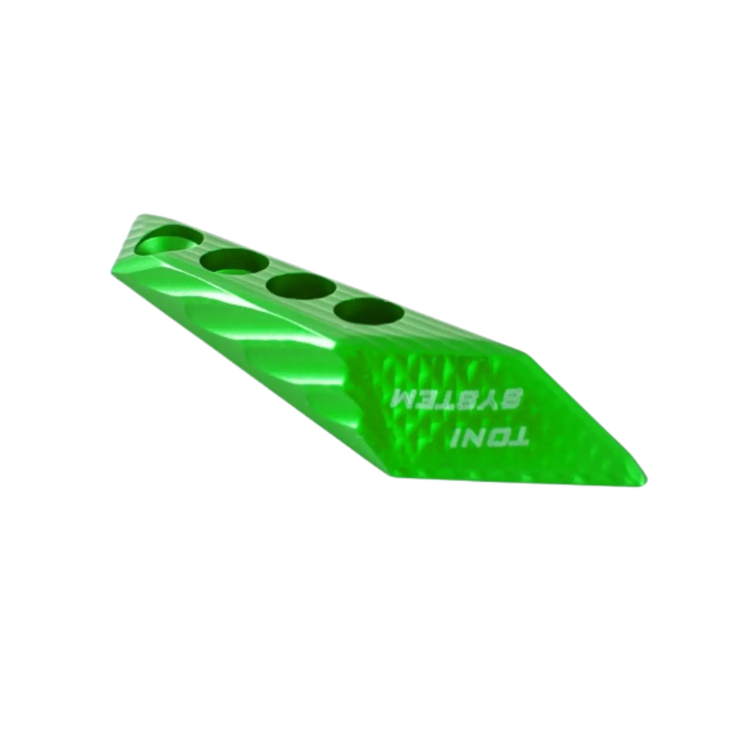 Toni System 3D Thumb Rest für Linkshand-Schützen Grün Grüner Thumbrest mit vier runden Aussparungen und der silbernen Aufschrift 'TONI SYSTEM' auf der Oberfläche.
