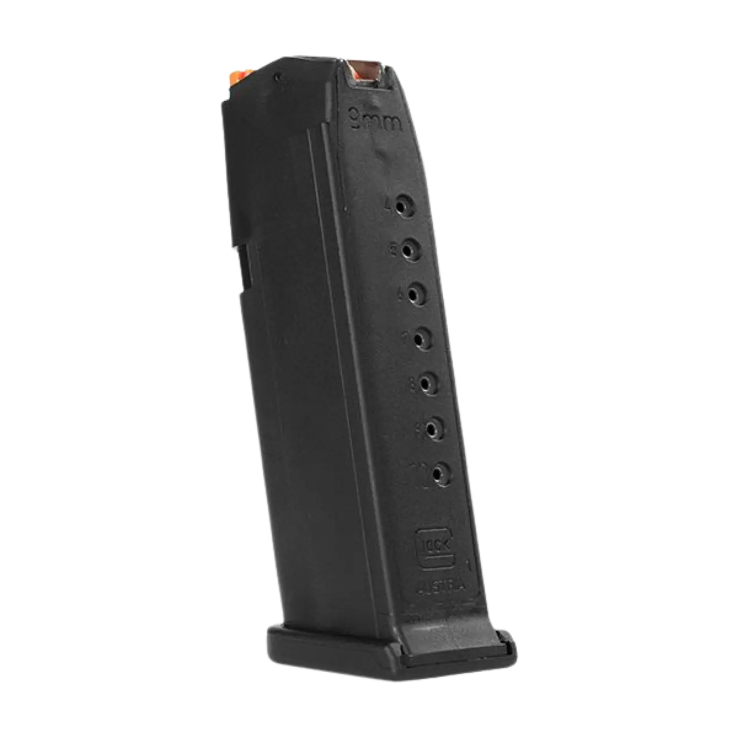 Schwarzes Glock 19 Magazin mit orangefarbenem Follower und Kaliberangabe '9mm' am oberen Rand