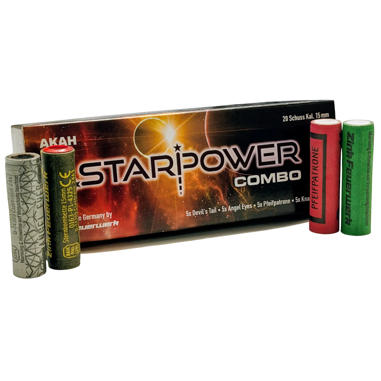 Rechteckige Verpackung mit Aufschrift 'STARPOWER COMBO' und vier zylindrische Feuerwerkskörper in verschiedenen Farben und Beschriftungen davor.