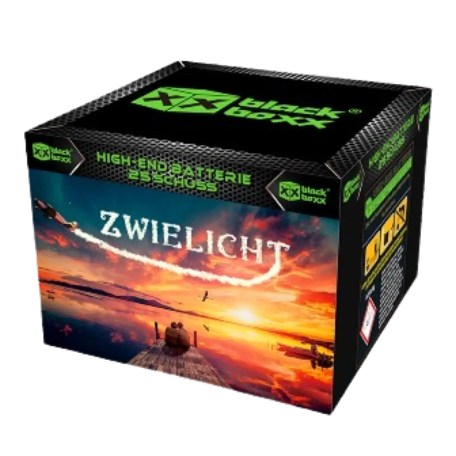 Feuerwerksbatterie 'ZWIELICHT' von XX black boxx, quadratische Verpackung mit farbigem Bild von zwei Personen am Wasser bei Sonnenuntergang.