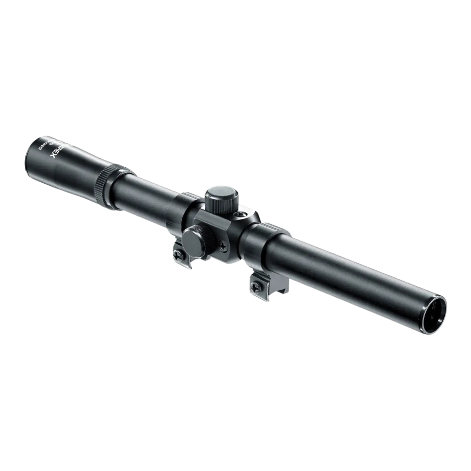 Umarex Zielfernrohr, Modell ZF4x15, schwarzes Metall, zylindrische Form, mit Fokussierungsring und Montageschiene.