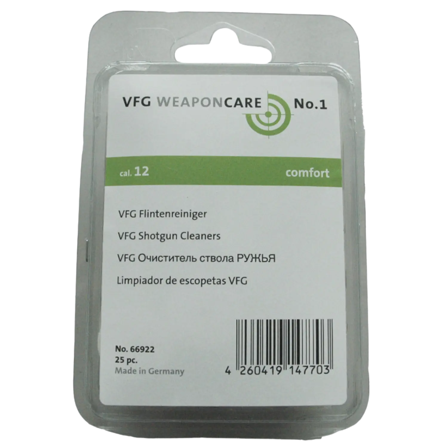 VFG Flinten-Filzreiniger Kal. 12 - 25 St. Verpackung des VFG Flintenreinigers No. 1, Kaliber 12, mit mehrsprachiger Produktbezeichnung und Barcode.