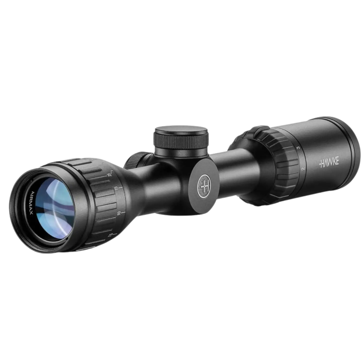 Schwarzes Zielfernrohr mit verstellbaren Ringen und mittigem Einstellrad, Marke Hawke, Modell Airmax.