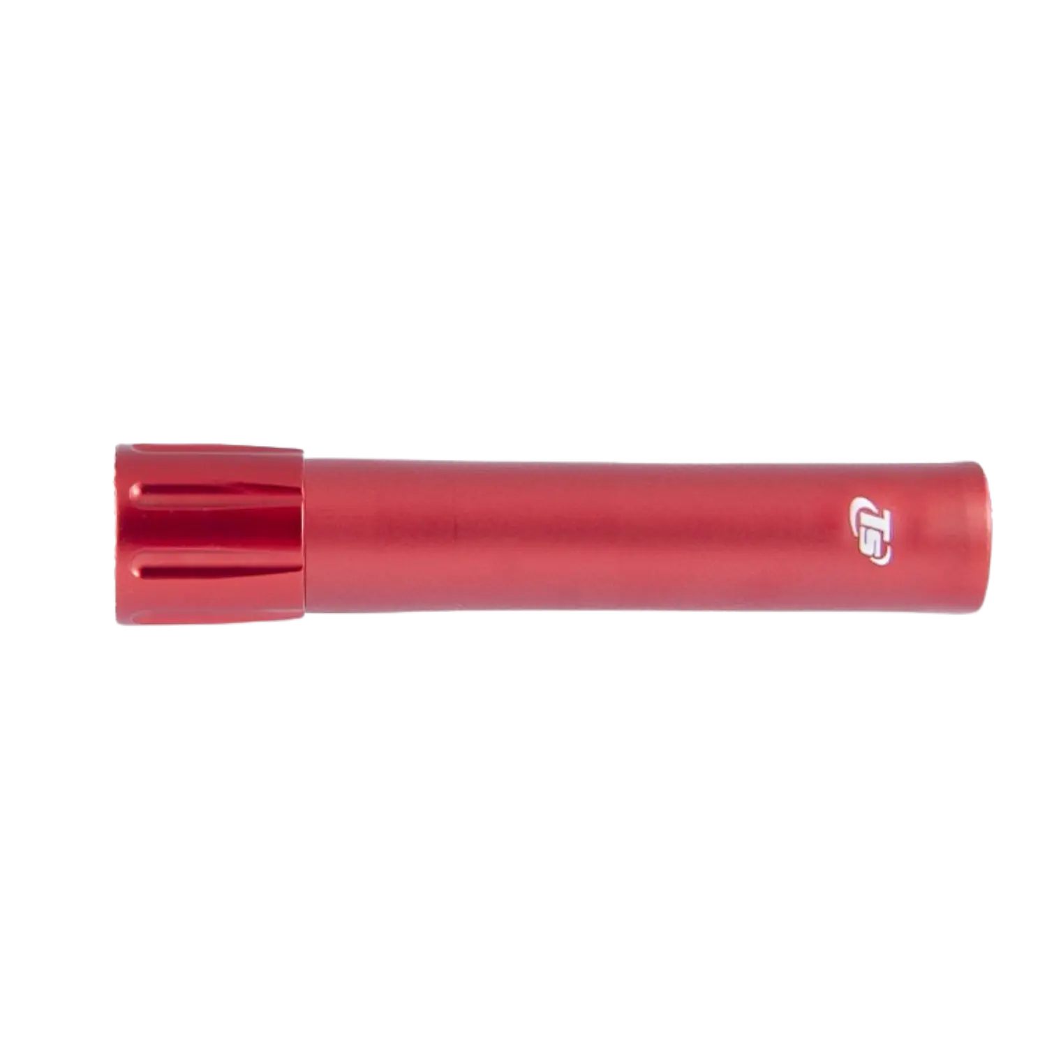 Rotes Magazinrohr mit geriffeltem Ende und weißem Toni-System-Logo auf glatter Oberfläche