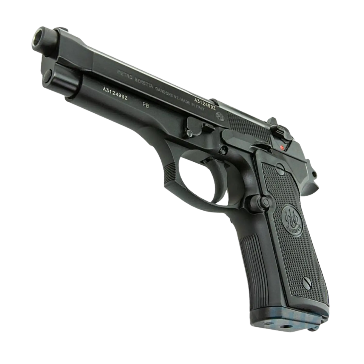 Schwarze Beretta 92 FS 9-mm-Pistole mit Grifftextur und sichtbaren Seriennummern auf der Seite.