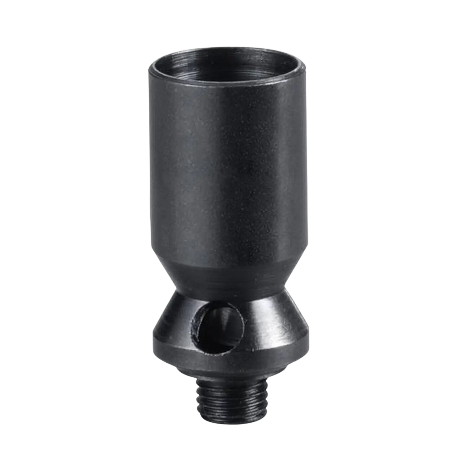 Schwarzer Abschussbecher aus Metall mit zylindrischem oberen Teil, konischem Mittelteil und Gewinde am unteren Ende.